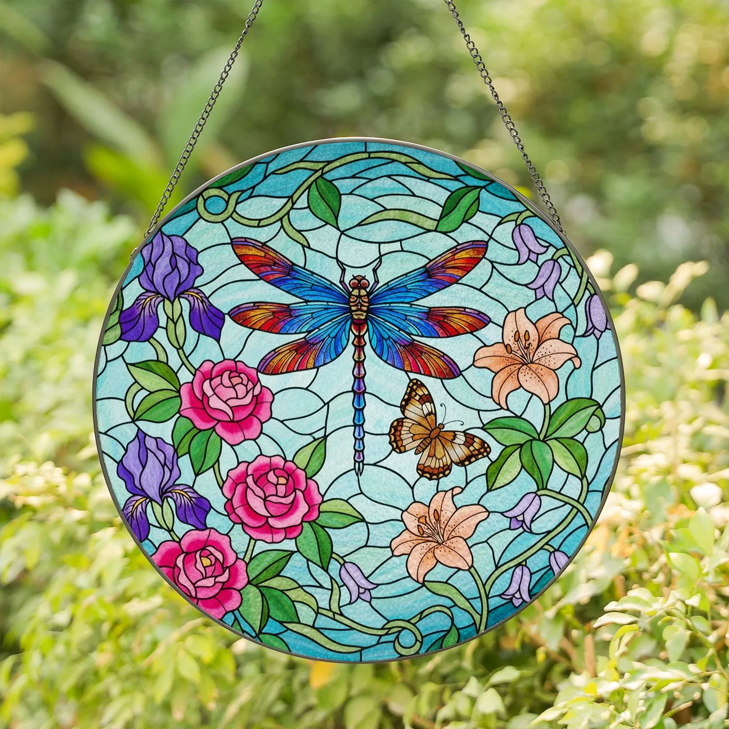 Dragonfly Butterfly Stained Glass Flowers & Leaves - Tiffany Style Mosaic Home Decor Gift Stained Glass Suncatcher - 1