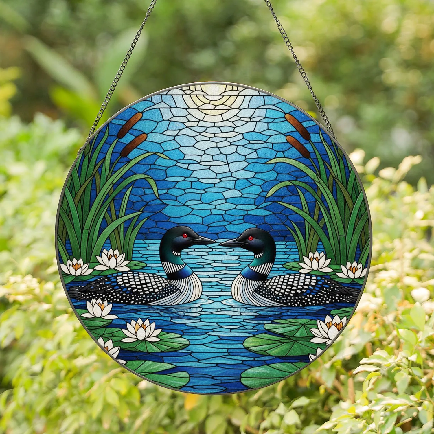Swimming Loons Stained Glass Tiffany Style Water Lily Lake Reeds Cattails Jewel Tone Art Stained Glass Suncatcher - 1