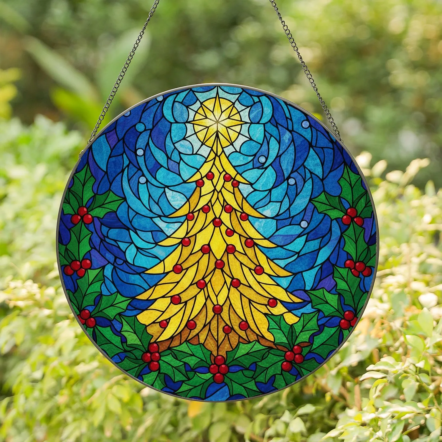 Tiffany Style Christmas Tree Holly Berry Winter Night - Holiday Home Decor Gift Stained Glass Suncatcher - 1