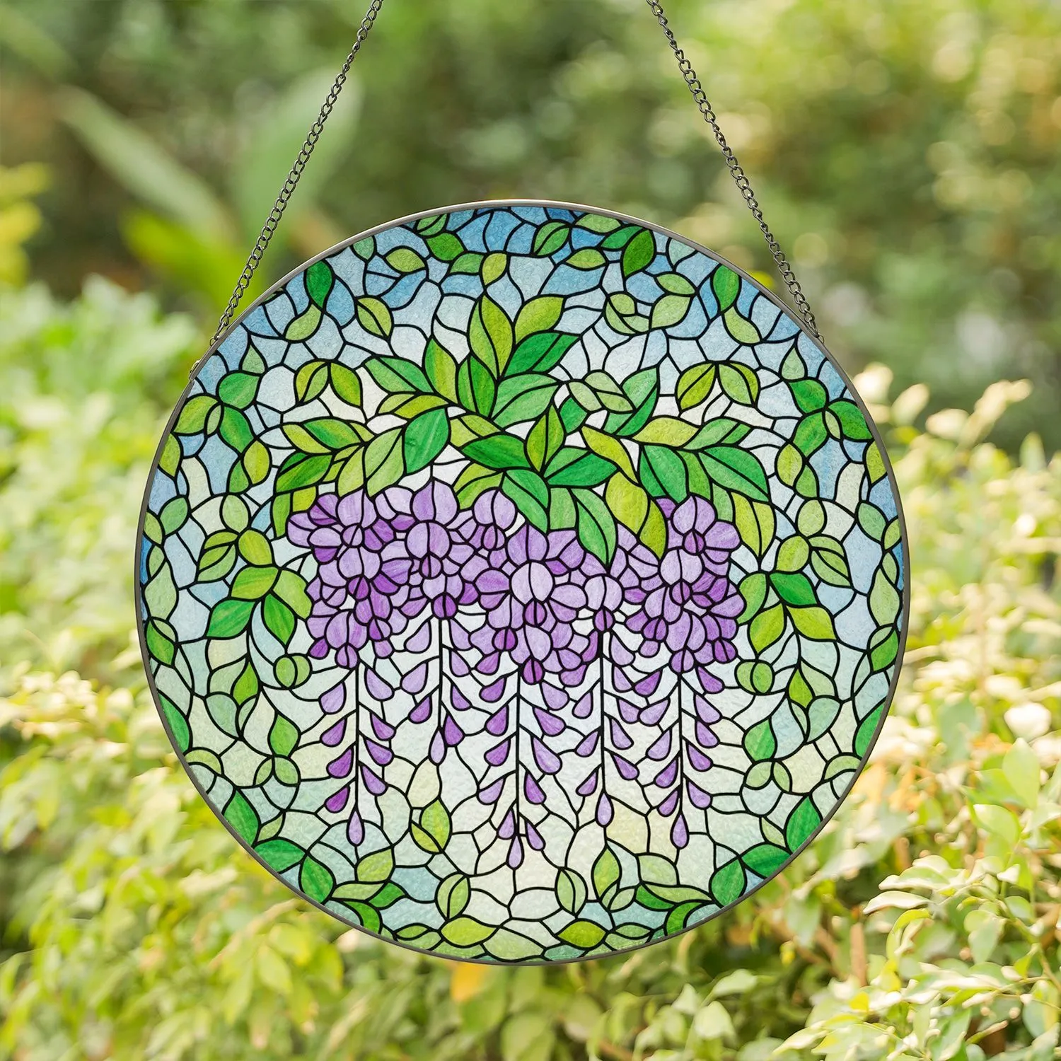 Wisteria Stained Glass Purple Lavender Flowers & Green Leaves - Tiffany Mosaic Jewel Tone Art Stained Glass Suncatcher - 1