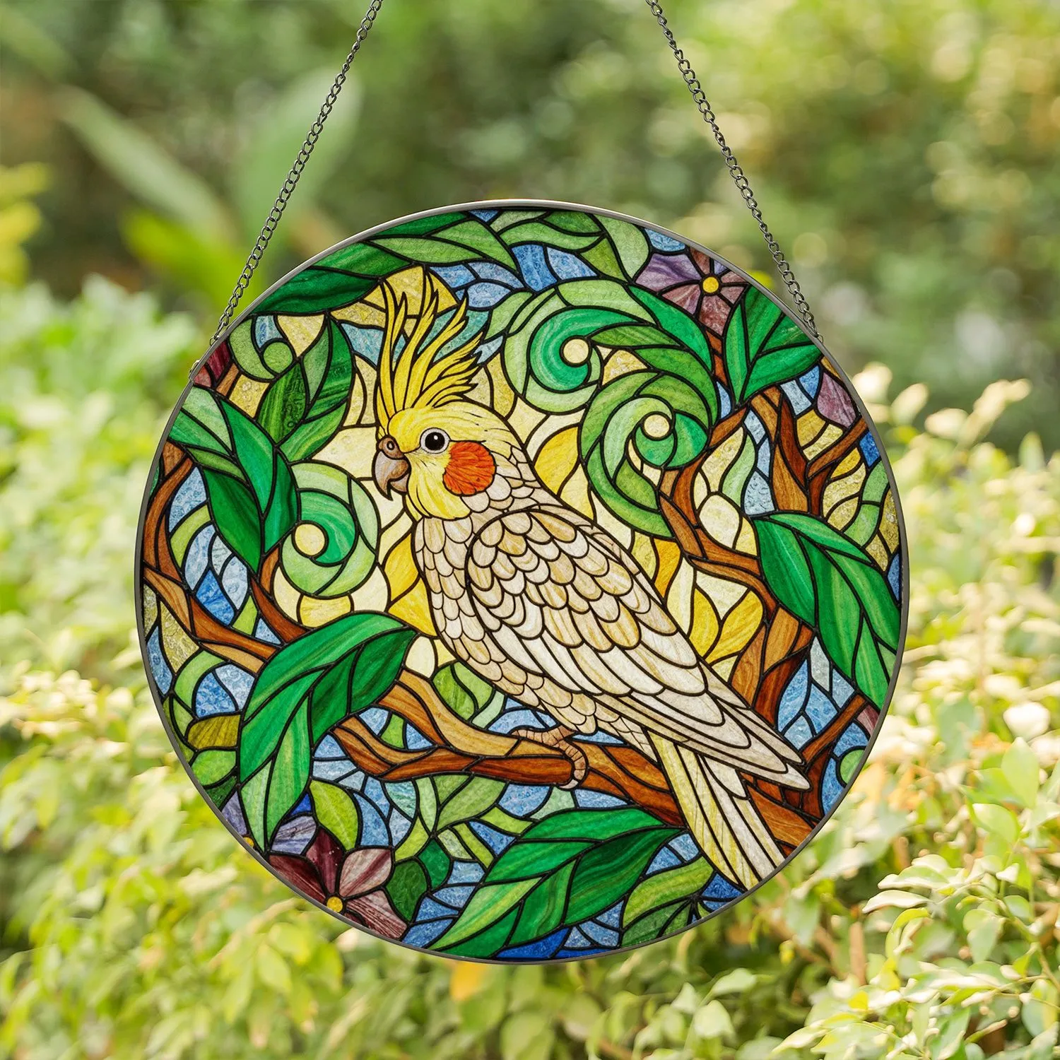Tiffany Style Stained Glass Cockatiel Bird Art - Garden Foliage Sun-Dappled Design Stained Glass Suncatcher - 1