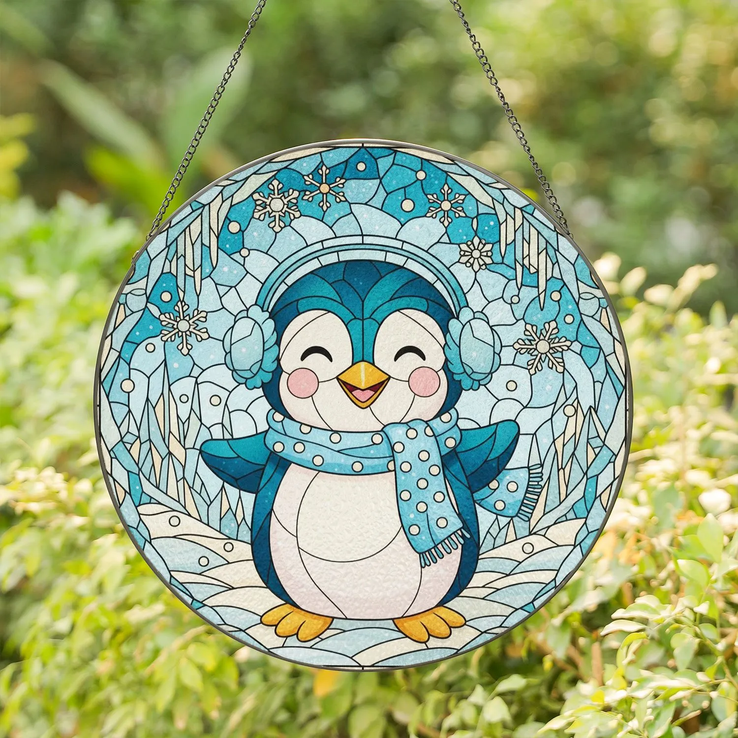 Smiling Cartoon Penguin Rosy Cheeks Light Blue Scarf Earmuffs Winter Snowflakes Gift Stained Glass Suncatcher - 1