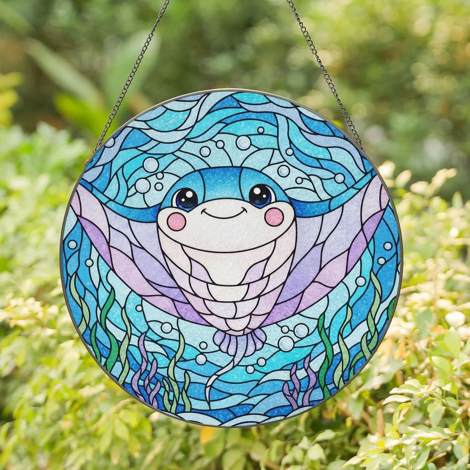 Cartoon Manta Ray Stained Glass Tiffany Underwater Seascape Intricate Colorful Jewel Tones Stained Glass Suncatcher - 1