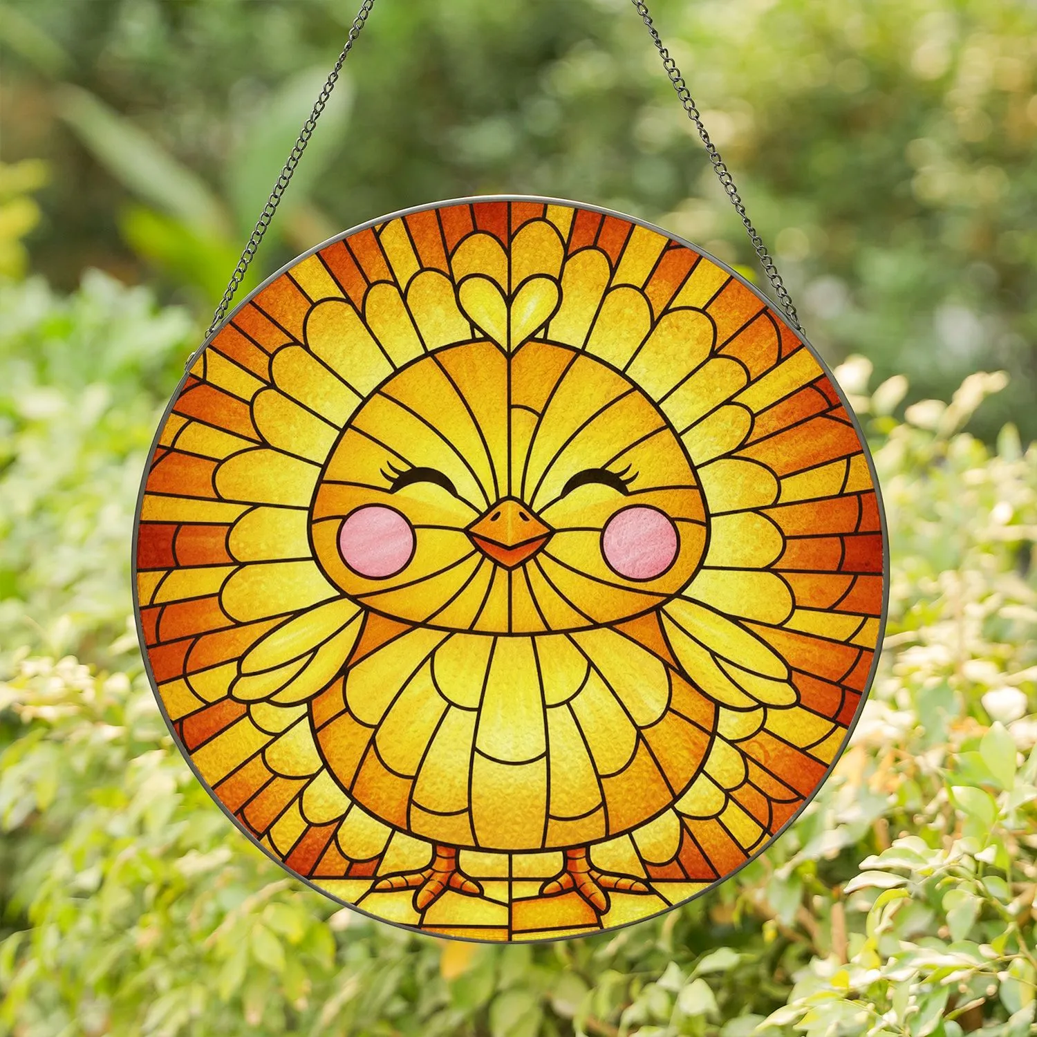 Chubby Baby Chick Stained Glass - Rosy Cheeks, Heart Tuft, Sunburst Tiffany Style Window Stained Glass Suncatcher - 1