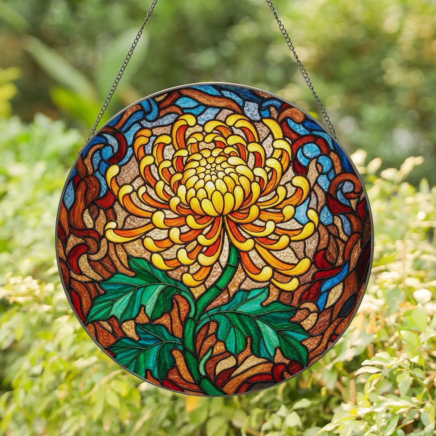 Chrysanthemum Flower Stained Glass Tiffany Style - Jewel Tone Organic Mosaic Intricate Art Stained Glass Suncatcher - 1