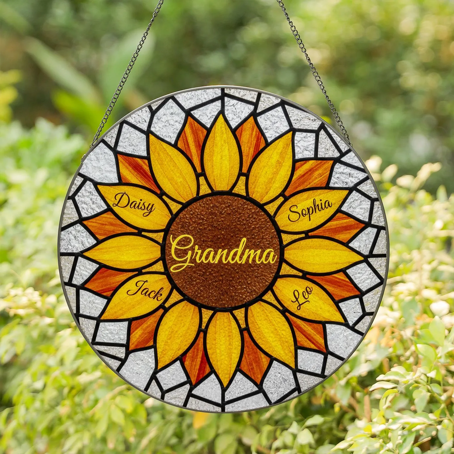 Intricate Tiffany Style Stained Glass Sunflower Grandma & Kids Names Personalized Gift Stained Glass Suncatcher - 1
