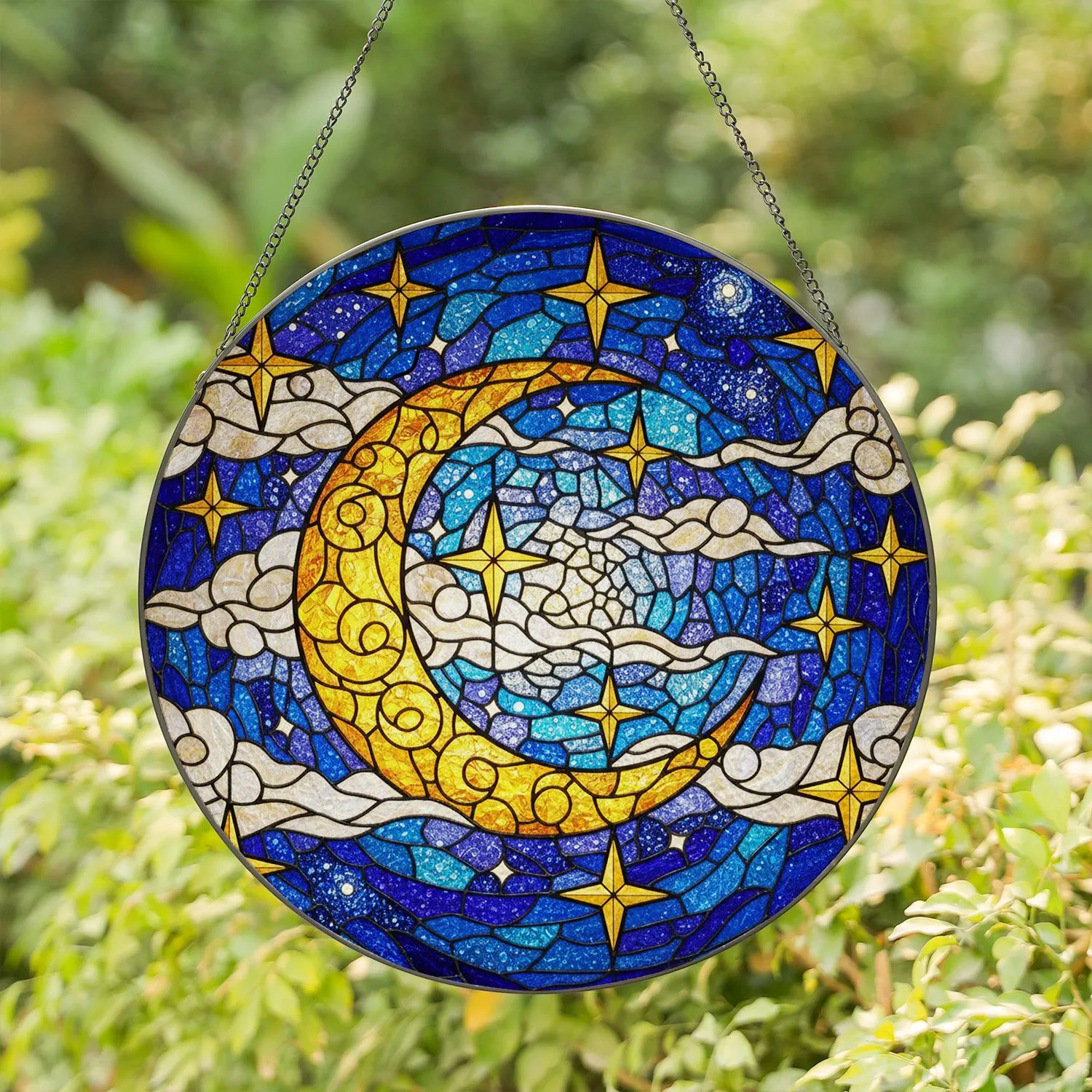 Golden Ornate Crescent Moon Stars Swirling Clouds Stained Glass Night Sky Mosaic Pattern Stained Glass Suncatcher - 1
