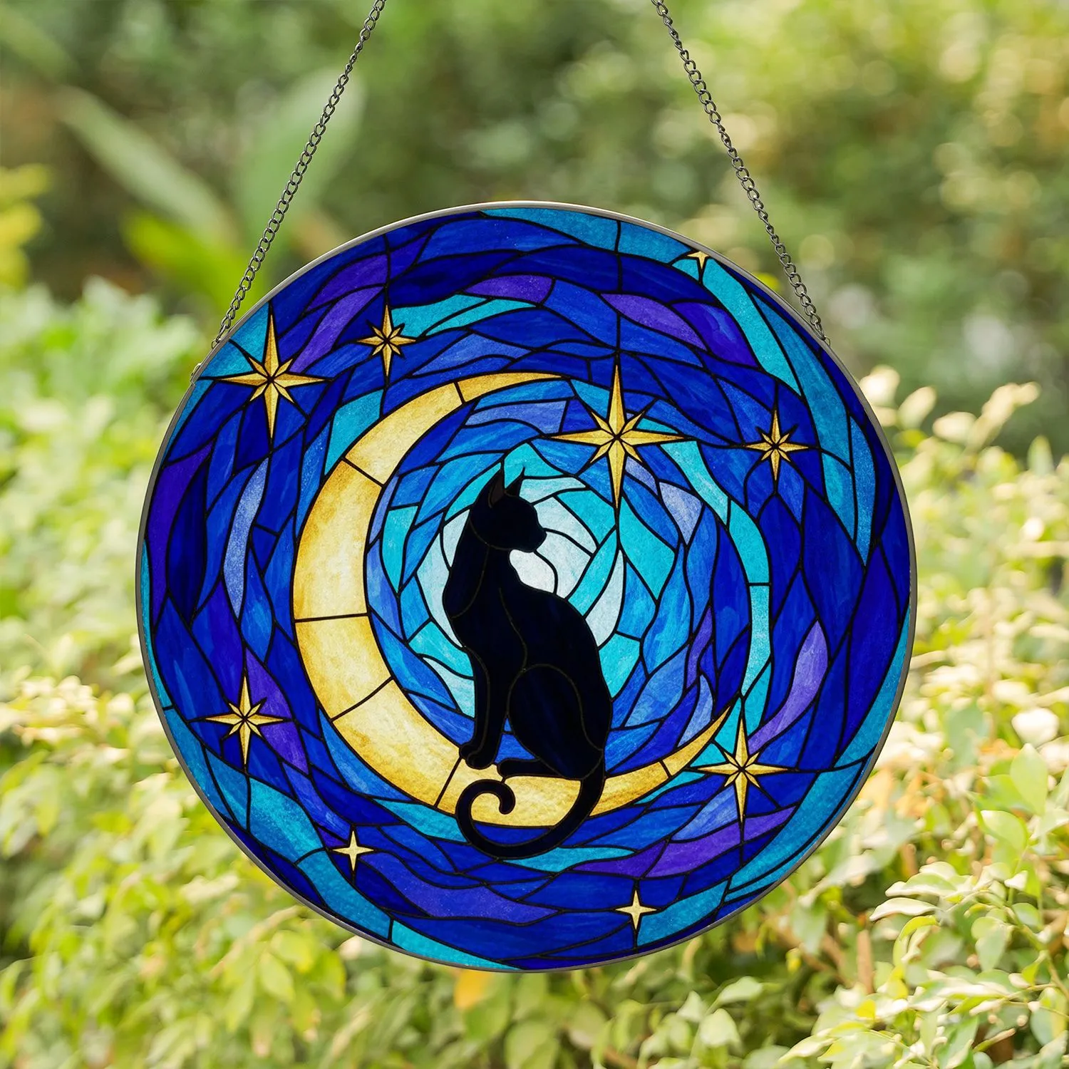Black Cat Golden Moon Cosmic Star Swirl - Deep Blue Teal Stained Glass Look Window Decor Stained Glass Suncatcher - 1