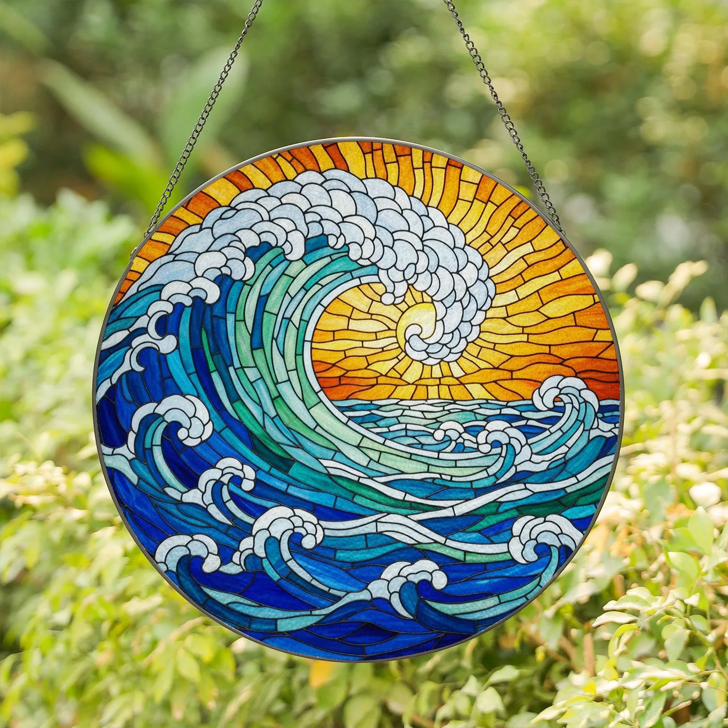 Massive Ocean Wave Golden Sunset Sky - Tiffany Style Stained Glass Jewel Tone Water Stained Glass Suncatcher - 1