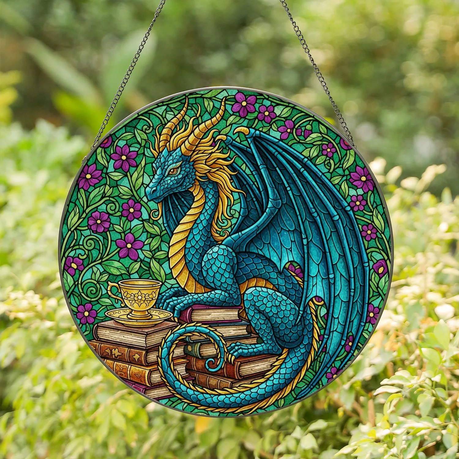 Majestic Teal Dragon Golden Teacup Old Books Stained Glass - Fantasy Floral Tiffany Art Stained Glass Suncatcher - 1