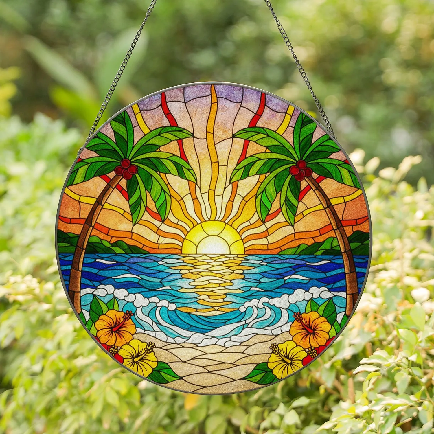Tropical Sunset Ocean Palm Trees Hibiscus Stained Glass - Beach Seascape Art Stained Glass Suncatcher - 1