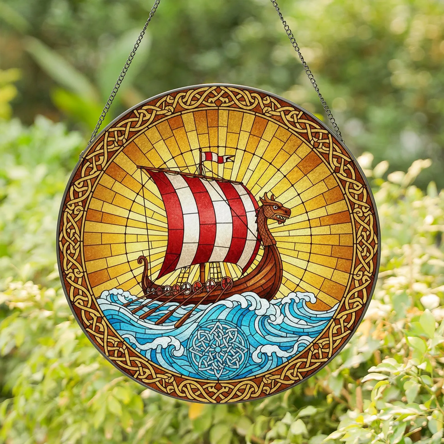 Viking Dragon Longship Celtic Knot Sunburst Ocean Waves Interwoven Mosaic Decor Stained Glass Suncatcher - 1