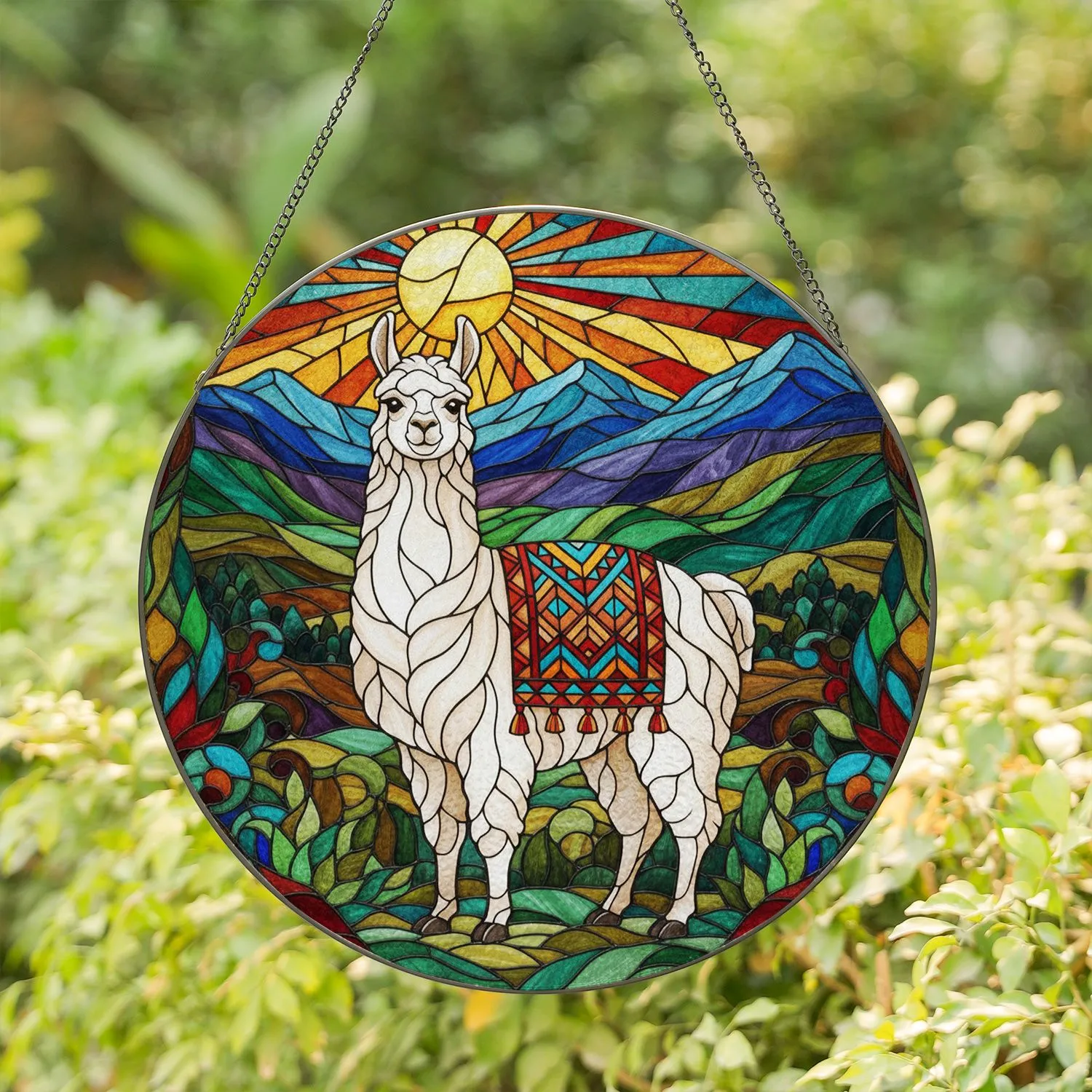 Stained Glass Llama Mountains Sun Rays Art - Colorful Home Decor Llama Lover Gift Stained Glass Suncatcher - 1