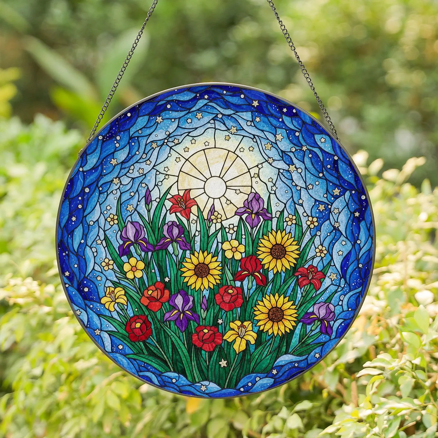 Tiffany Stained Glass Blooming Flowers Full Moon Night Sky Mosaic - Wall Decor Gift Stained Glass Suncatcher - 1