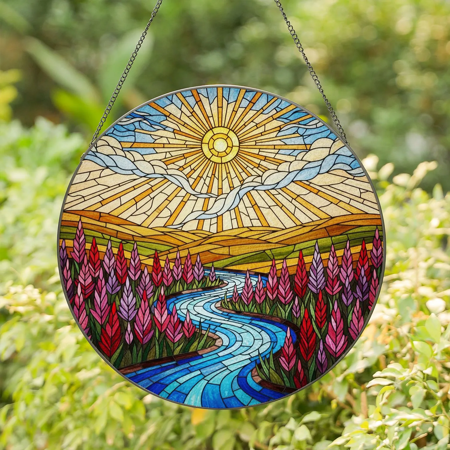 Jewel Tone Stained Glass River Sun - Spiky Flowers, Earthy Hills, Sky Clouds Scene Stained Glass Suncatcher - 1