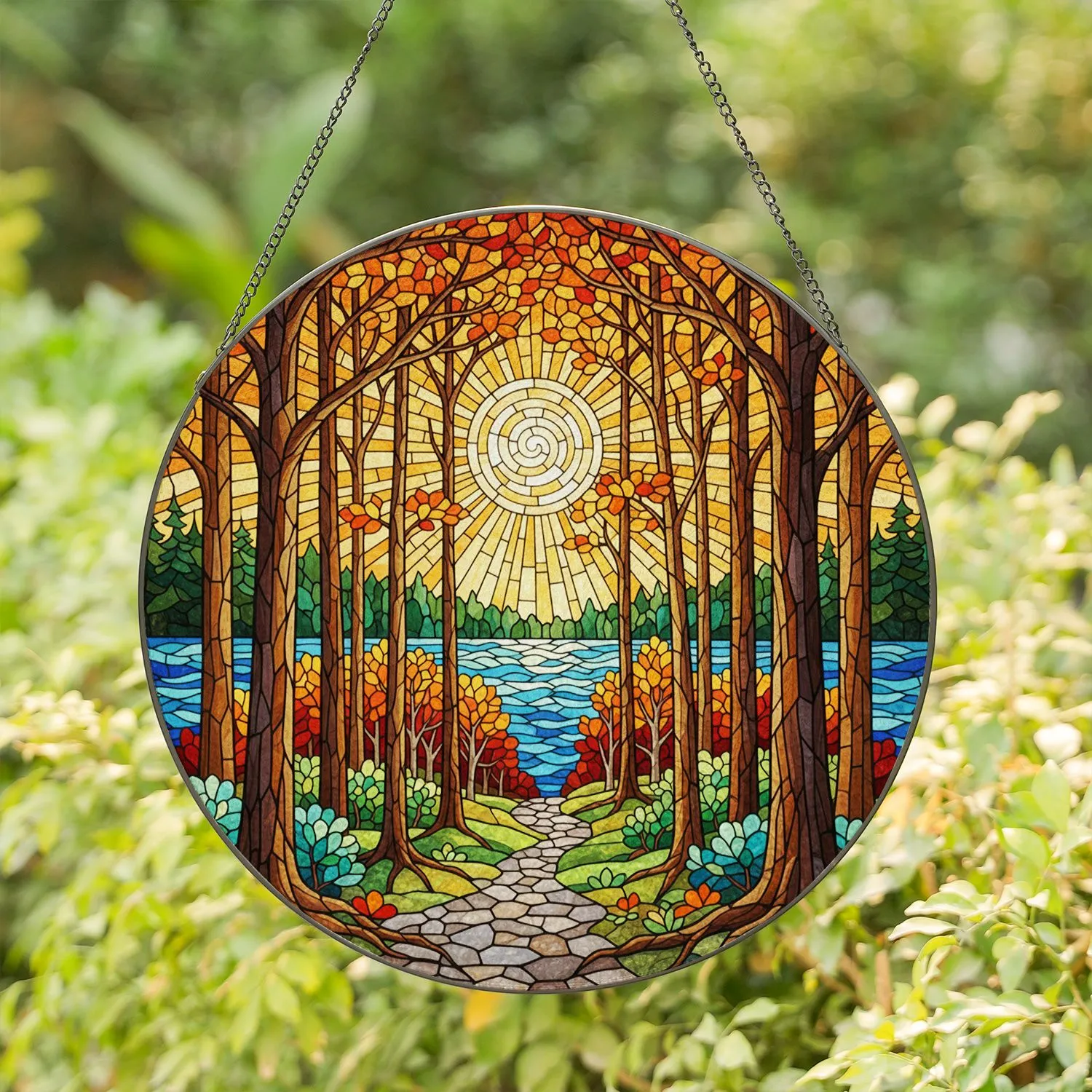 Stained Glass Autumn Forest Pathway - Radiant Sun Water Scene Tiffany Jewel Tone Art Stained Glass Suncatcher - 1