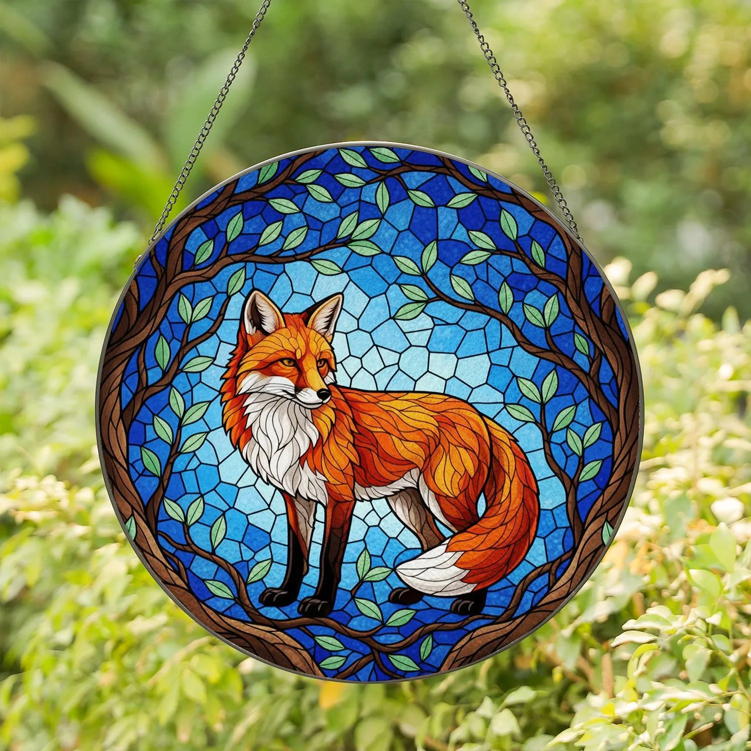 Majestic Red Fox Stained Glass, Tiffany Style Gnarled Tree & Mosaic Sky Decor Stained Glass Suncatcher - 1