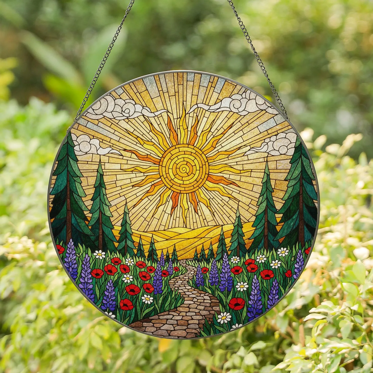 Tiffany Stained Glass Radiant Textured Sun Wildflower Path Evergreen Hilly Landscape Stained Glass Suncatcher - 1