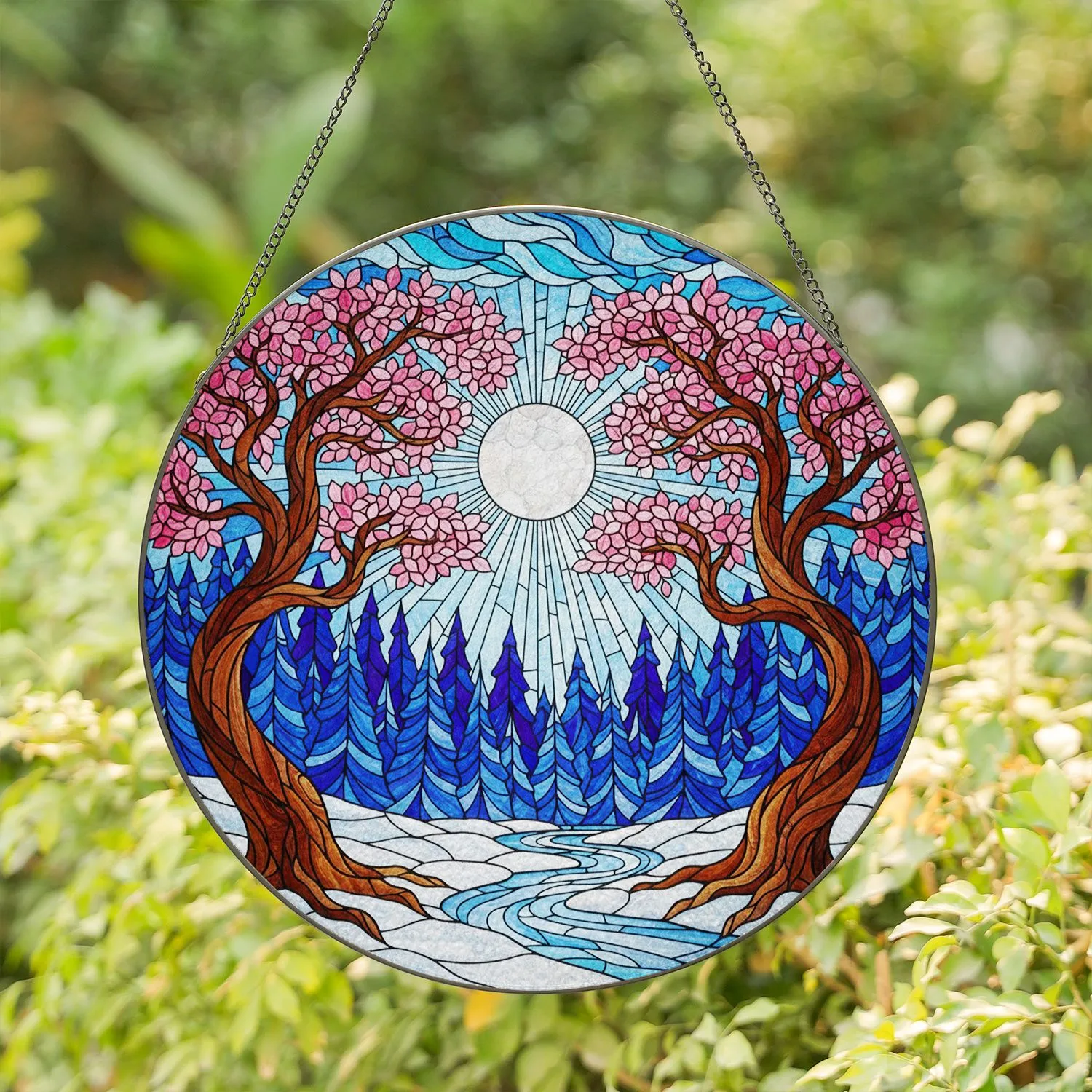 Gnarled Trees Pink Magenta Leaves White Moon Snow Forest River - Stained Glass Stained Glass Suncatcher - 1