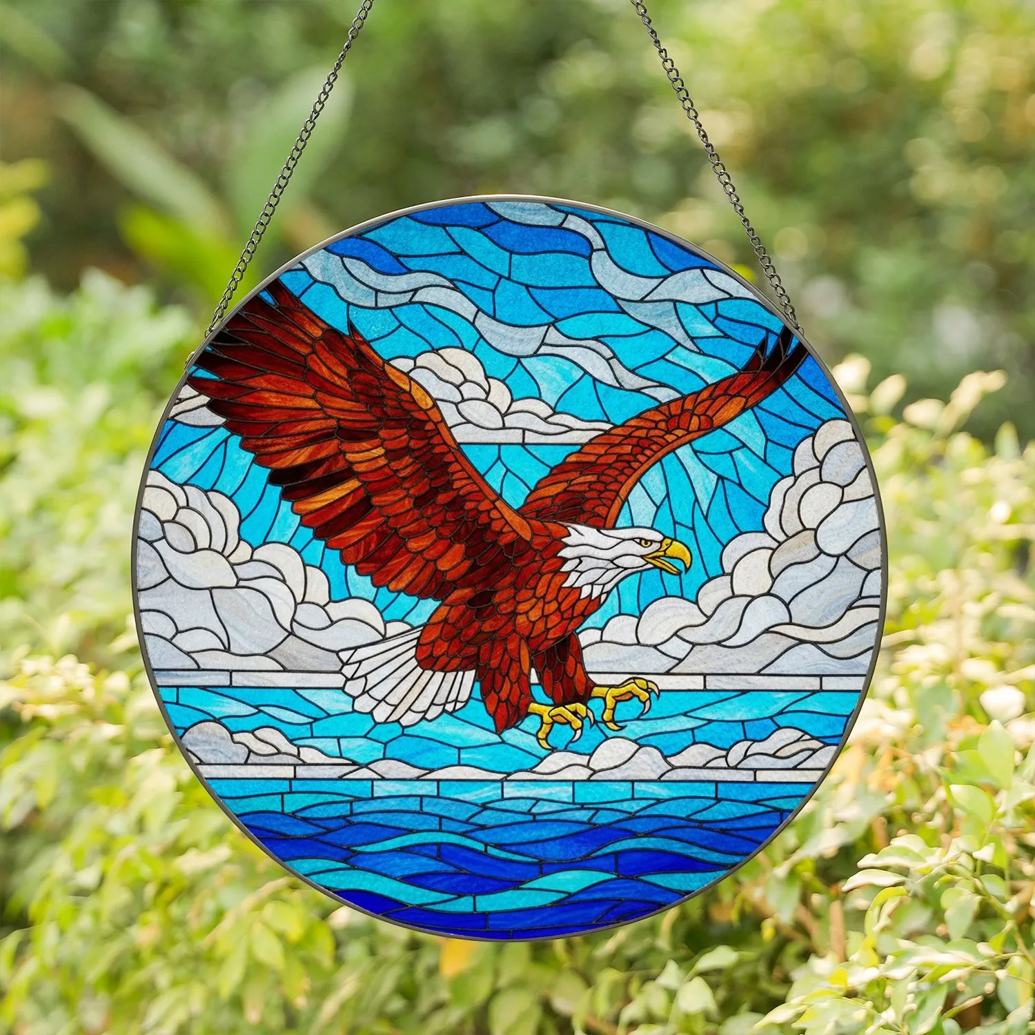 Bald Eagle Flying Sky Clouds Ocean Intricate Stained Glass Look Jewel Tones Art Stained Glass Suncatcher - 1