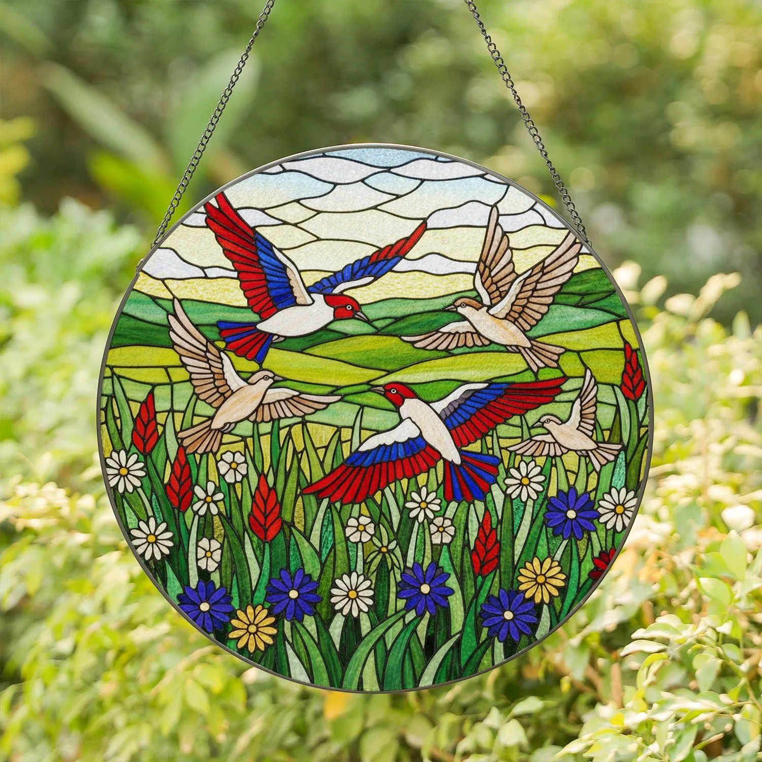 Vibrant Tiffany Glass Birds in Flight - Wildflower Field Rolling Hills Jewel Tone Art Stained Glass Suncatcher - 1