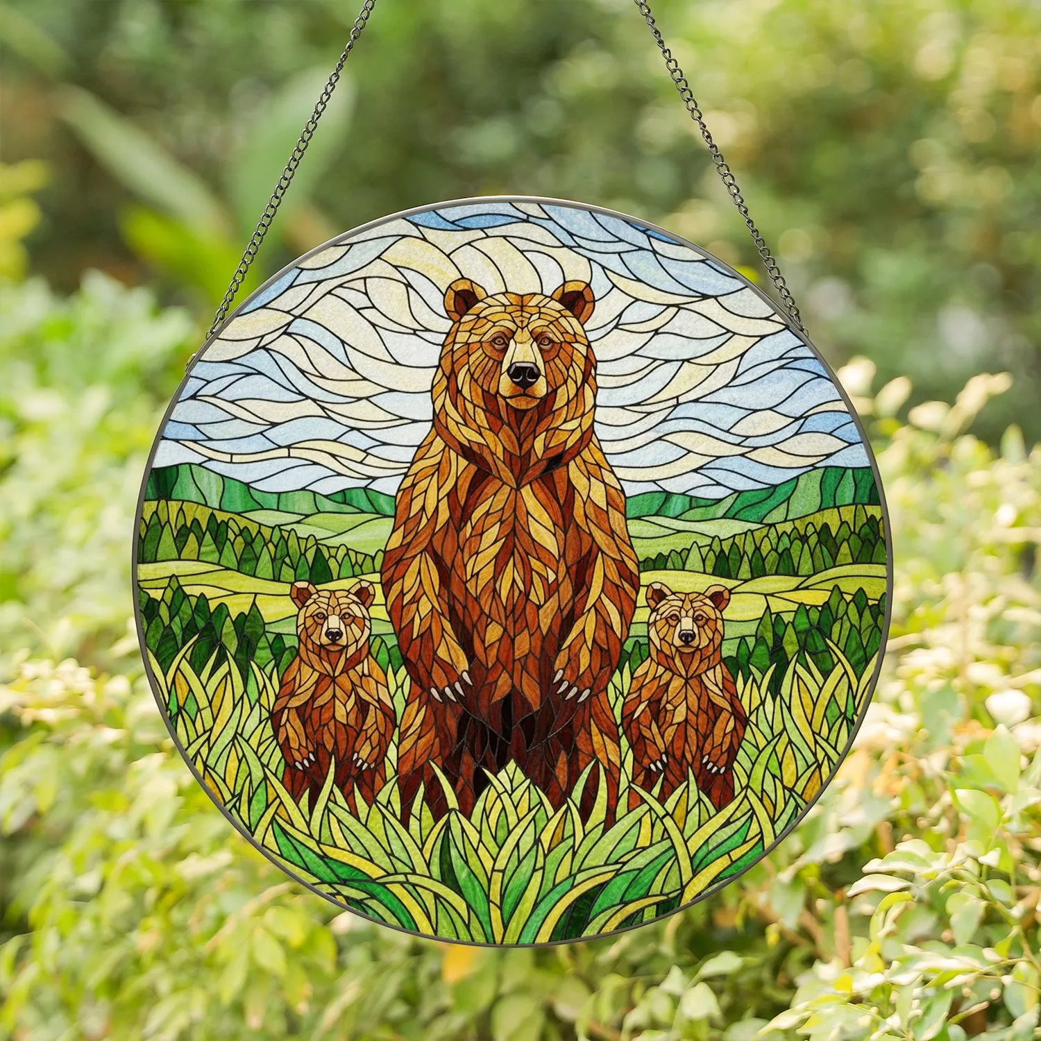 Grizzly Bear Family Stained Glass Landscape - Wildlife Nature Art for Home Decor Stained Glass Suncatcher - 1