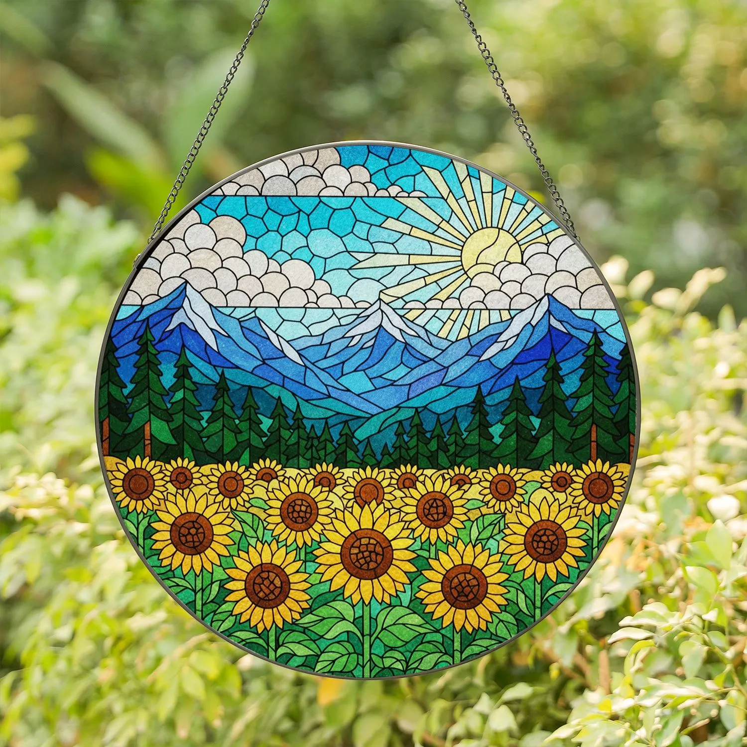 Sunflowers Mountain Forest Sky Stained Glass - Intricate Colorful Home Decor Art Stained Glass Suncatcher - 1