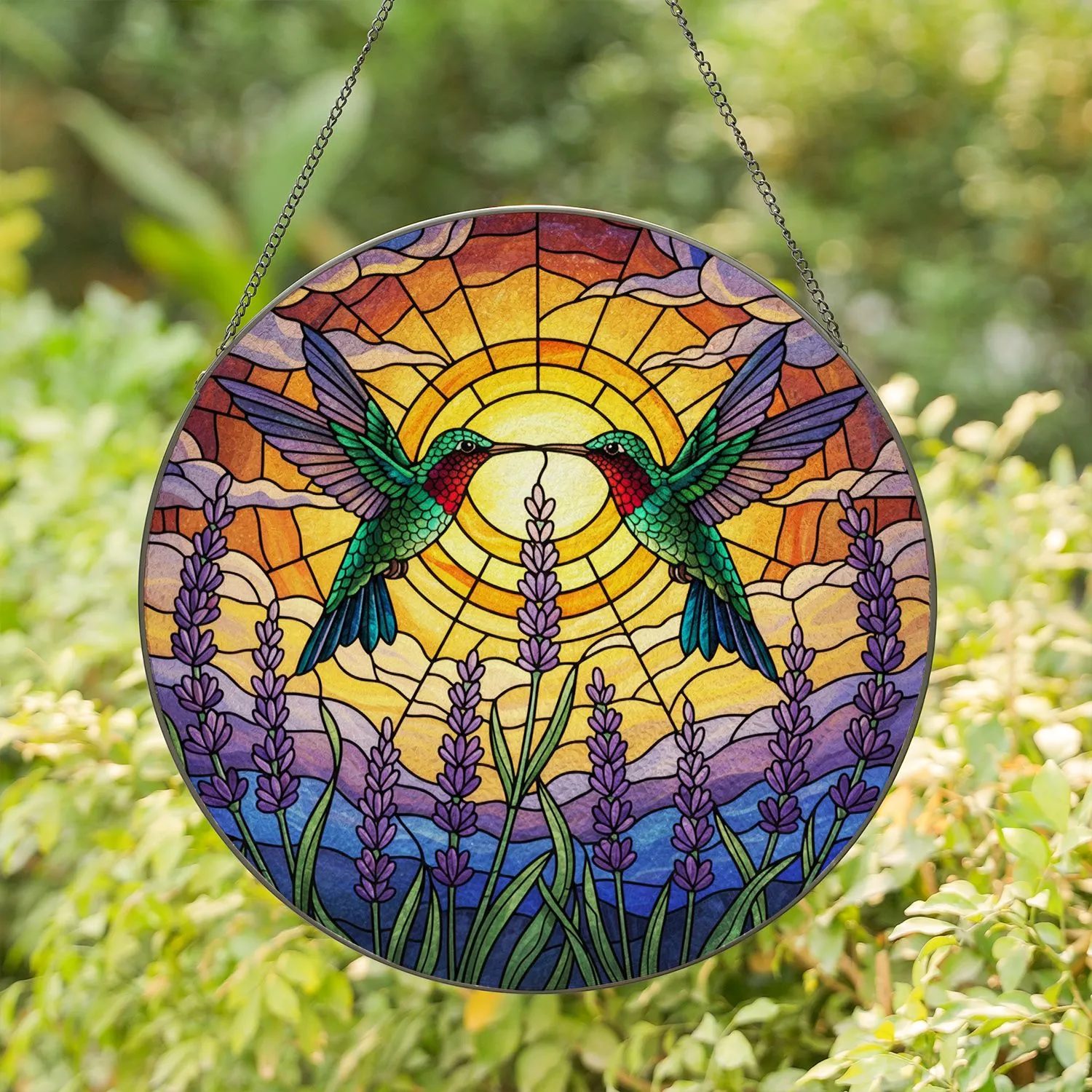 Ruby Hummingbirds Lavender Colorful Stained Glass Sunrise - Jewel Tone Home Garden Decor Stained Glass Suncatcher - 1