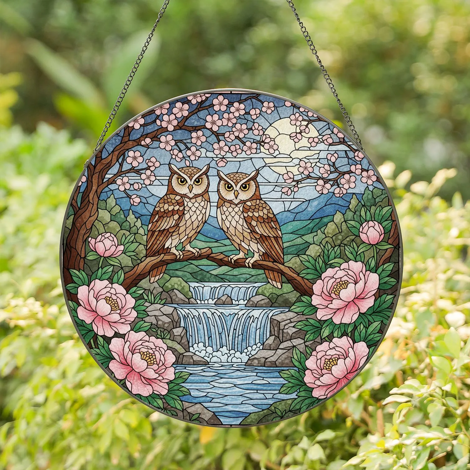 Stained Glass Owls Waterfall Peonies Cherry Blossoms Moon Landscape Art Home Decor Stained Glass Suncatcher - 1