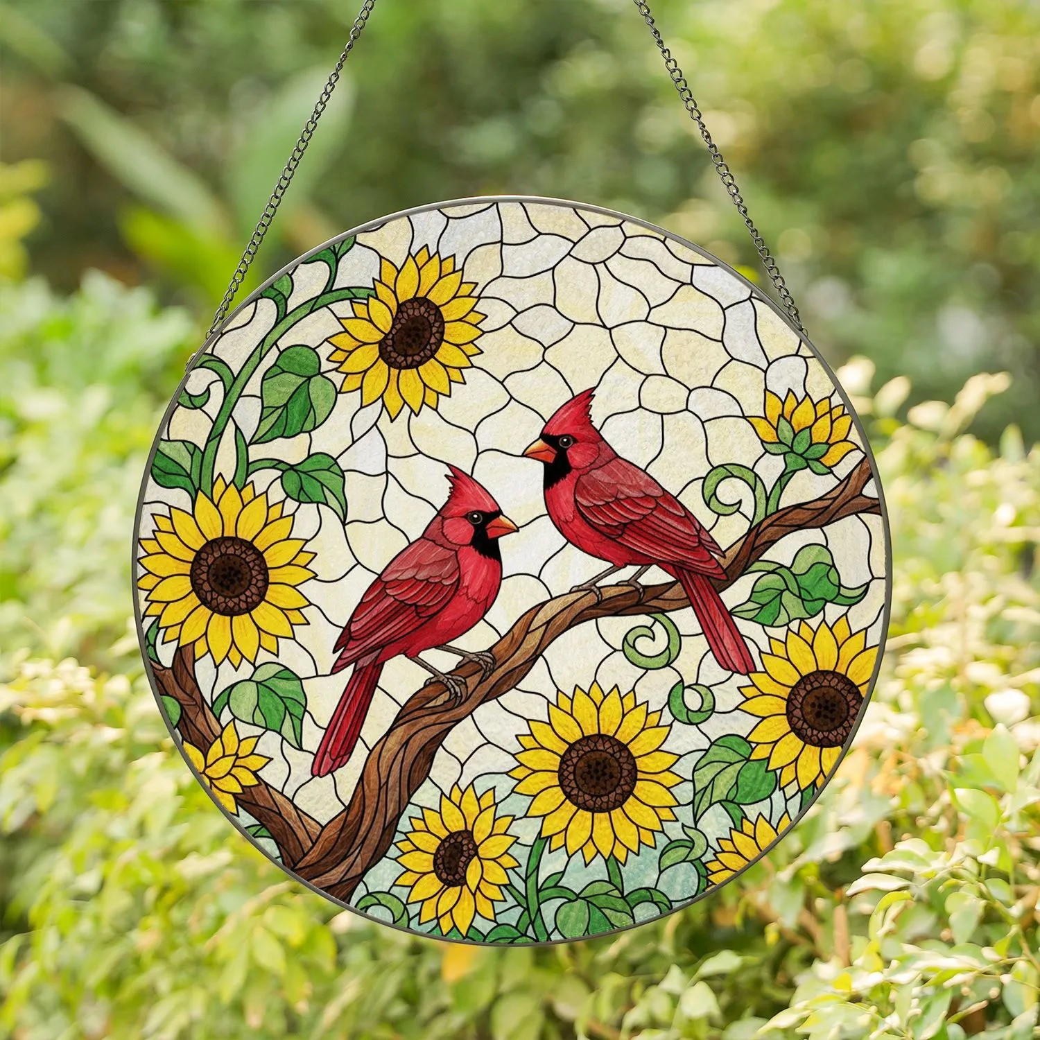 Two Red Cardinal Birds Bright Sunflowers Gnarled Branch Tiffany Style Stained Glass Art Stained Glass Suncatcher - 1