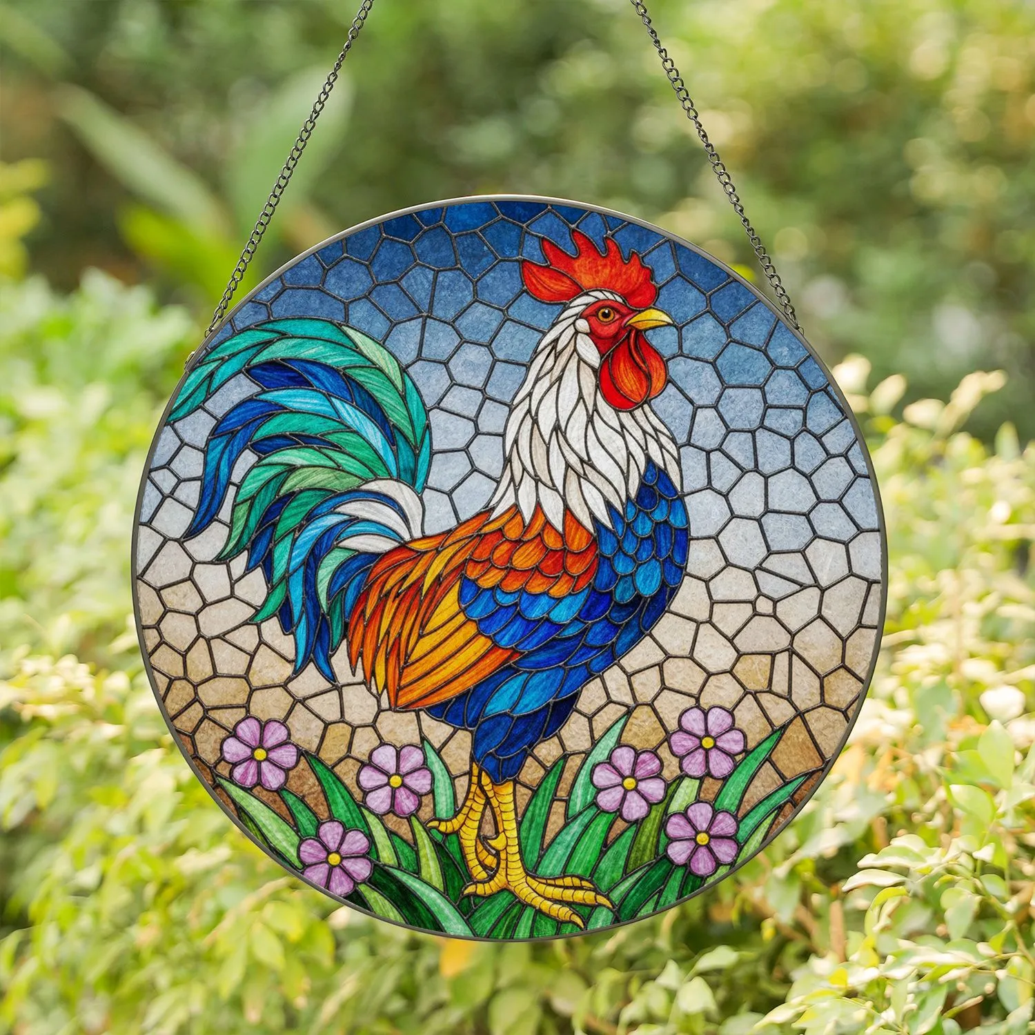 Vibrant Rooster Stained Glass Mosaic Art - Tiffany Style Jewel Tone Flower Garden Home Decor Stained Glass Suncatcher - 1