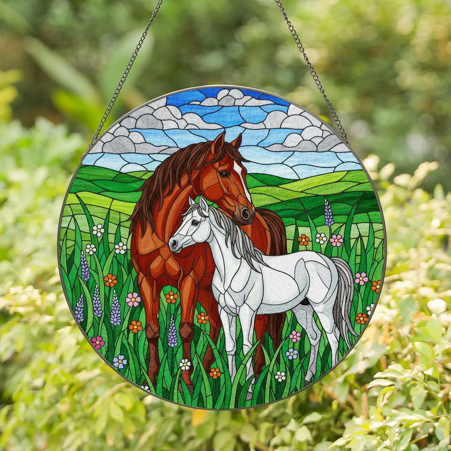 Chestnut Brown & White Horses Tiffany Style Glass - Wildflower Green Hills Mosaic Art Stained Glass Suncatcher - 1