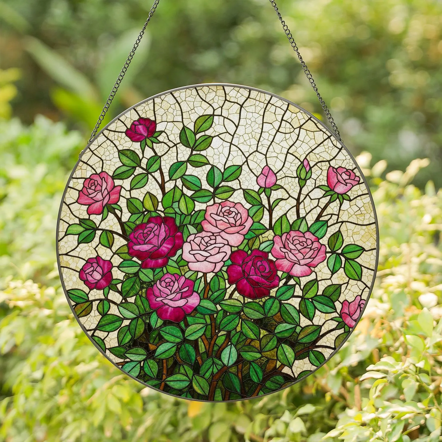 Tiffany Style Stained Glass Rose Garden with Blooming Fuchsia Pink Flowers & Green Leaves Stained Glass Suncatcher - 1