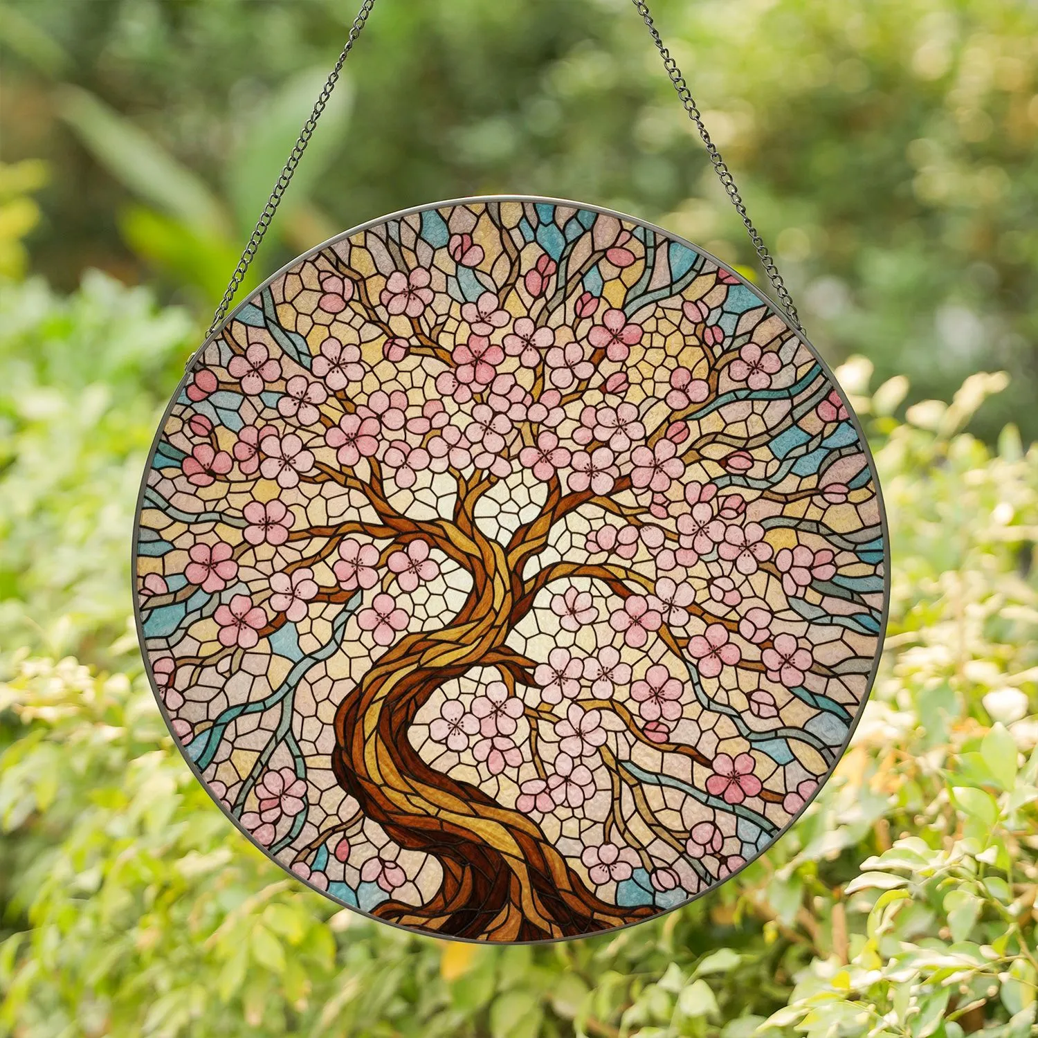 Glowing Pink Cherry Blossom Gnarled Tree Branch Intricate Tiffany Stained Glass Mosaic Stained Glass Suncatcher - 1