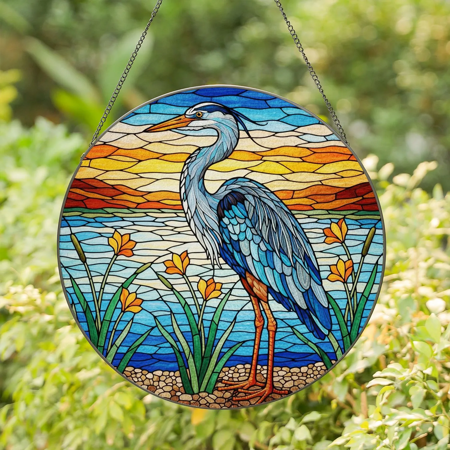 Great Blue Heron Colorful Stained Glass - Tiffany Style Reeds Blossoms Water Landscape Stained Glass Suncatcher - 1