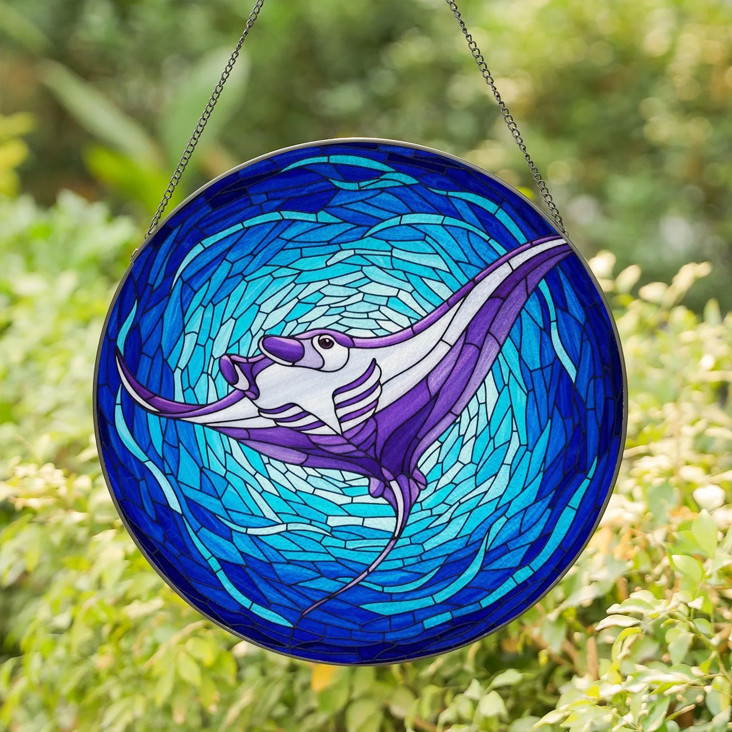 Purple White Manta Ray Tiffany Stained Glass Ocean Mosaic - Jewel Tone Deep Sea Decor Stained Glass Suncatcher - 1