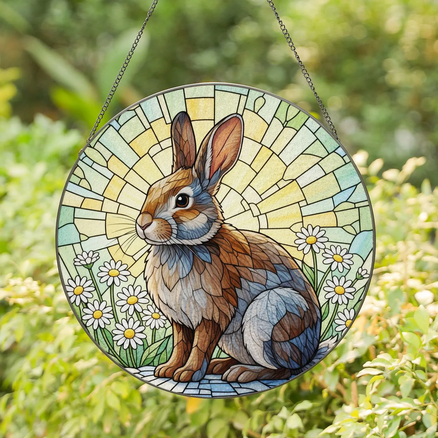 Tiffany Style Stained Glass Rabbit Daisy Flowers - Spring Jewel Tone Window Decor Gift Stained Glass Suncatcher - 1
