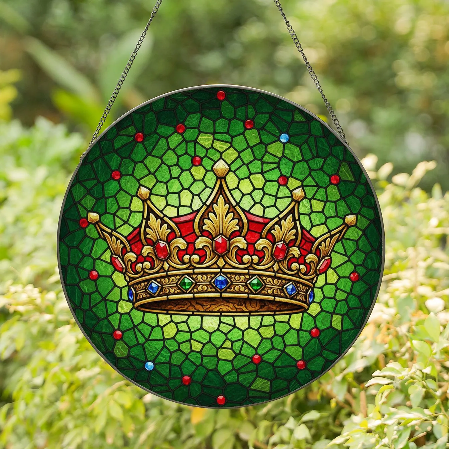 Golden Royal Crown Jewels, Rubies Emeralds Sapphires - Tiffany Glass Green Mosaic Art Stained Glass Suncatcher - 1
