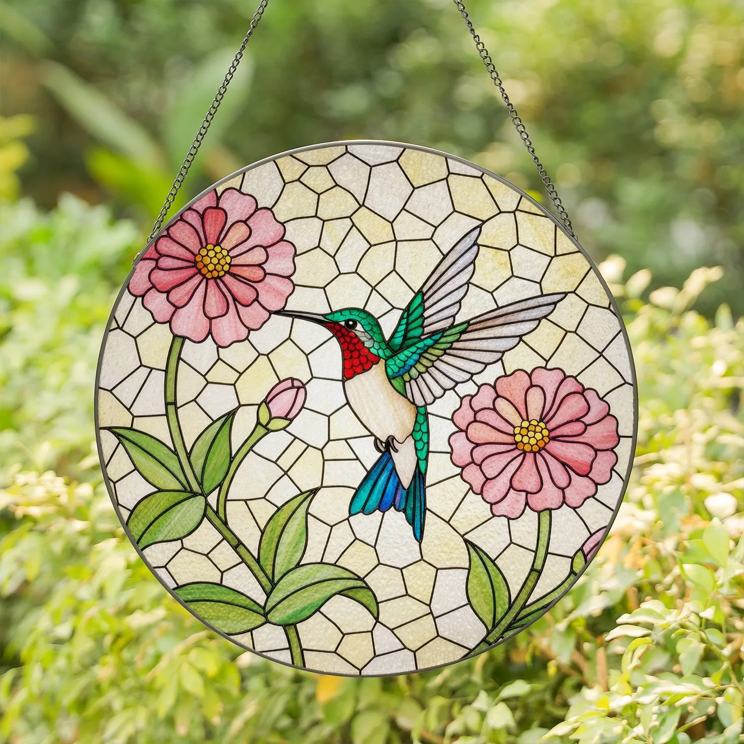 Ruby-Throated Hummingbird Pink Zinnia Tiffany Stained Glass Mosaic Art Nature Lover Gift Stained Glass Suncatcher - 1