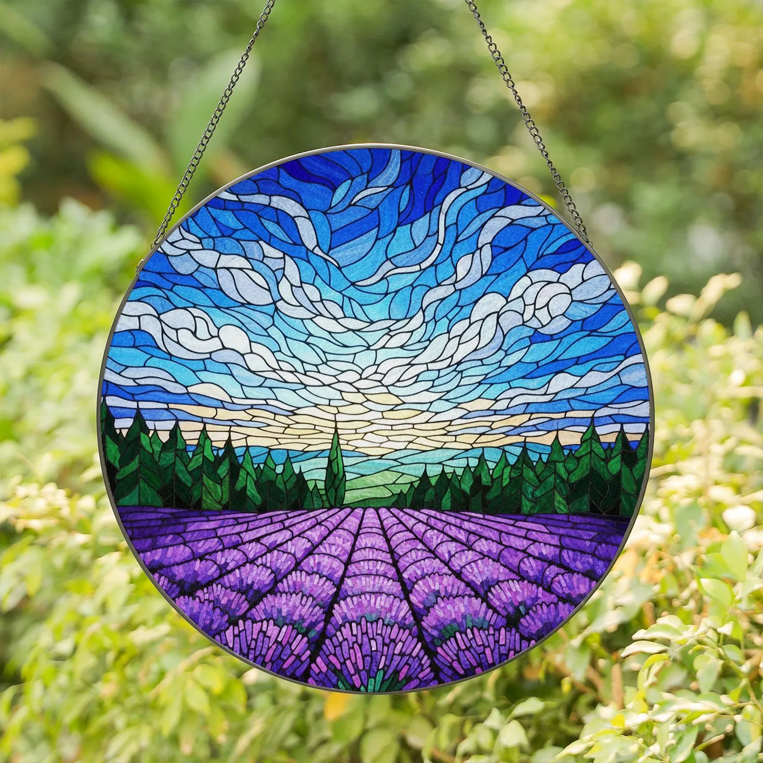 Lavender Field Purple Blossoms Cypress Tree Stained Glass Art Tiffany Style Jewel Tones Stained Glass Suncatcher - 1