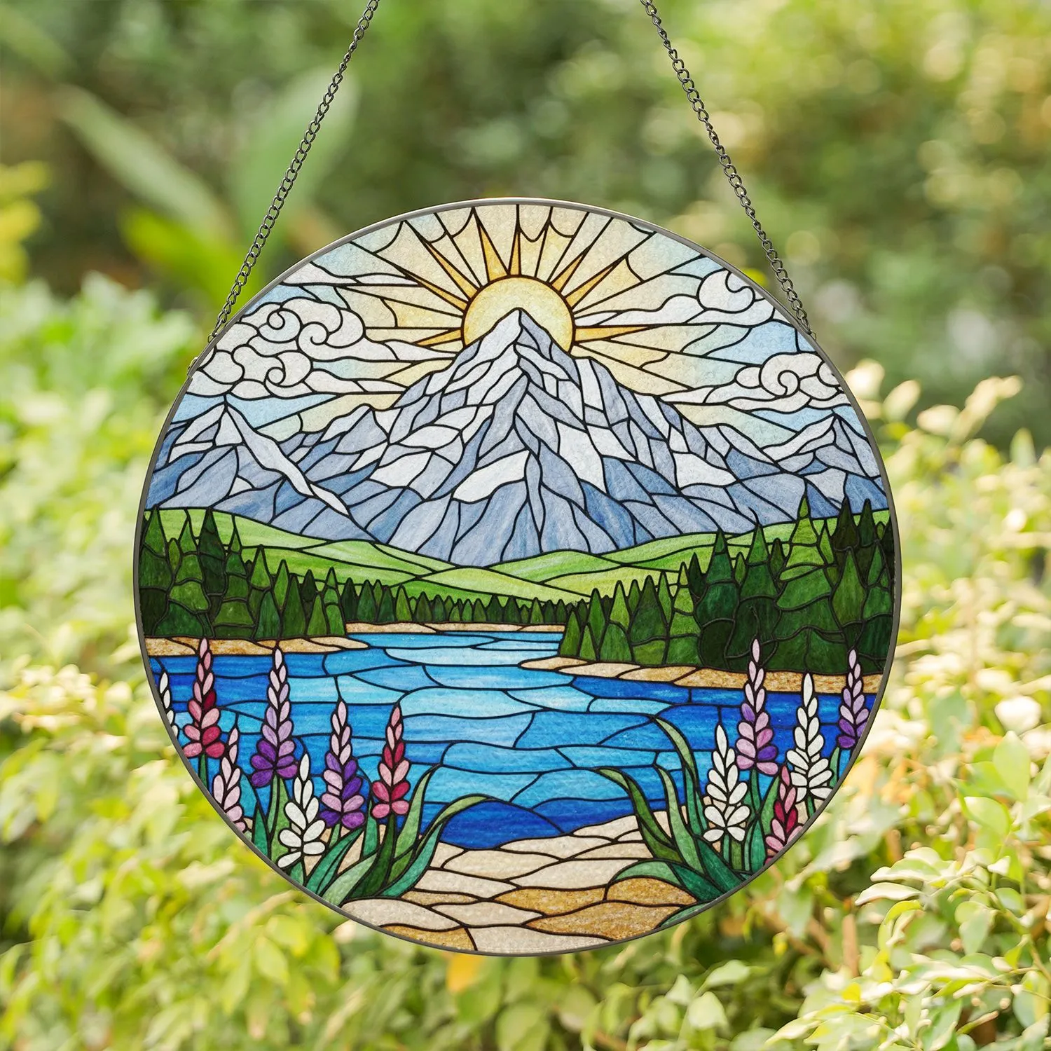 Majestic Snow-Capped Mountain Lake Forest Wildflower Tiffany Stained Glass Landscape Scene Stained Glass Suncatcher - 1