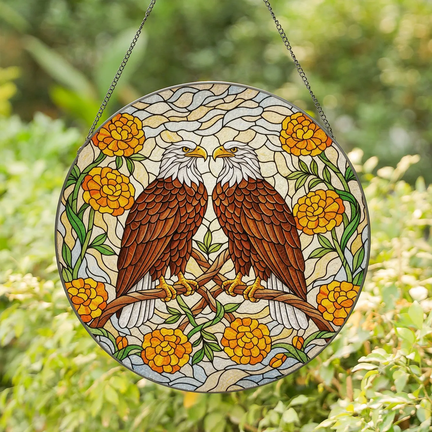 Bald Eagles Marigold Flowers Stained Glass Art - Tiffany Style Mosaic Sky Intricate Patterns Stained Glass Suncatcher - 1