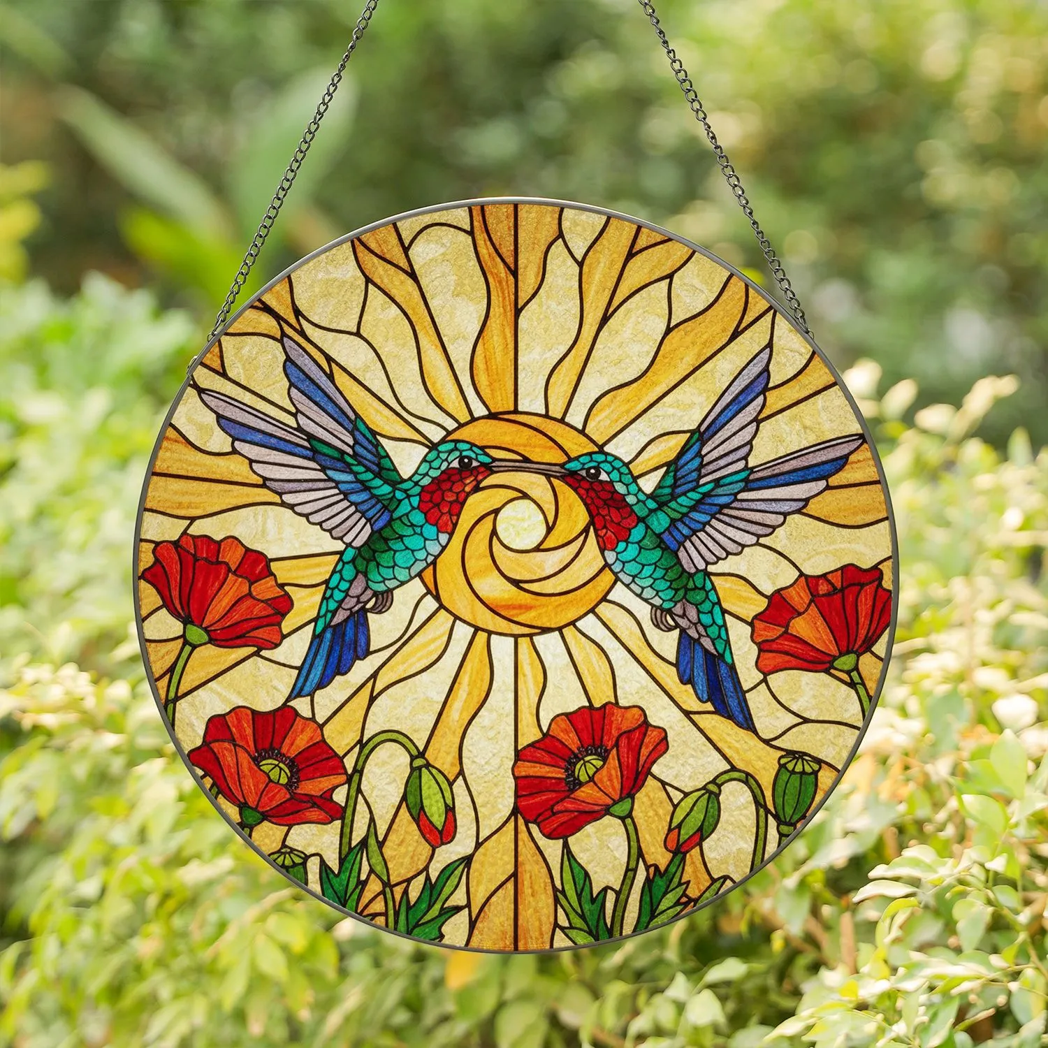 Hummingbirds Poppies Stained Glass Tiffany Style Sunburst Mosaic Art Glowing Jewel Tones Stained Glass Suncatcher - 1