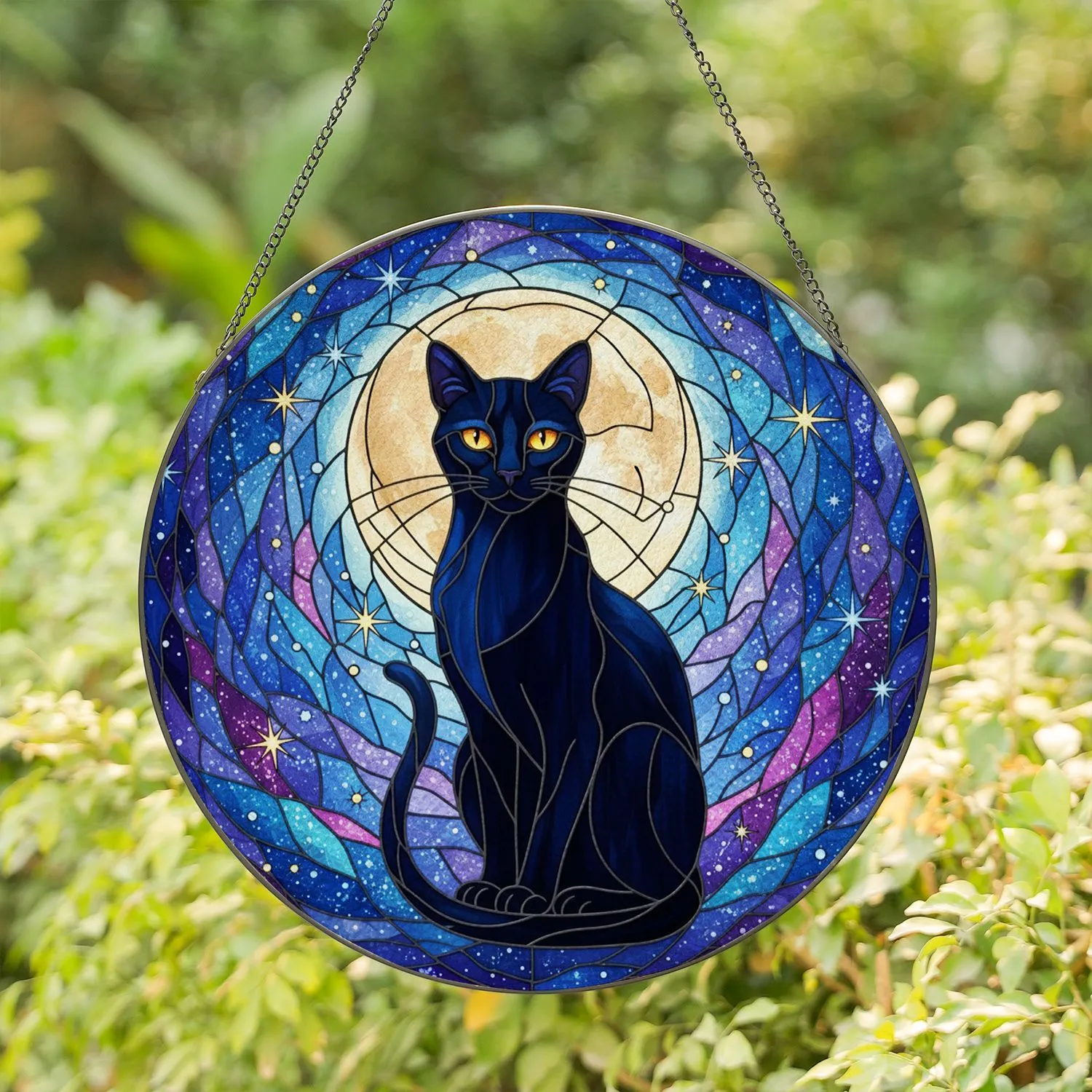 Black Cat Full Moon Cosmic Starry Night Tiffany Style Stained Glass Jewel Tones Stained Glass Suncatcher - 1