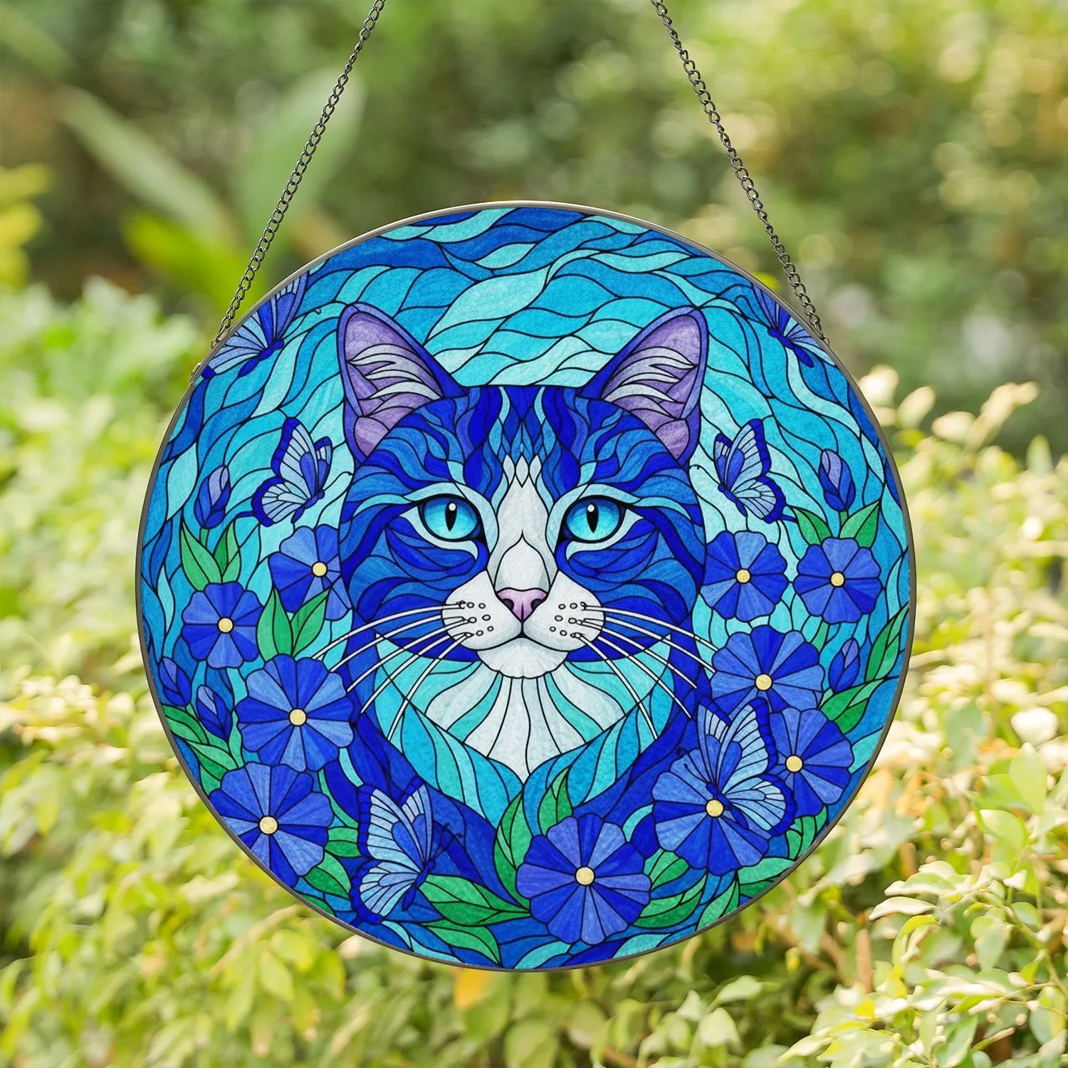 Tiffany Style Blue-Eyed Cat Stained Glass Art Panel with Blue Butterflies & Violet Flowers Stained Glass Suncatcher - 1