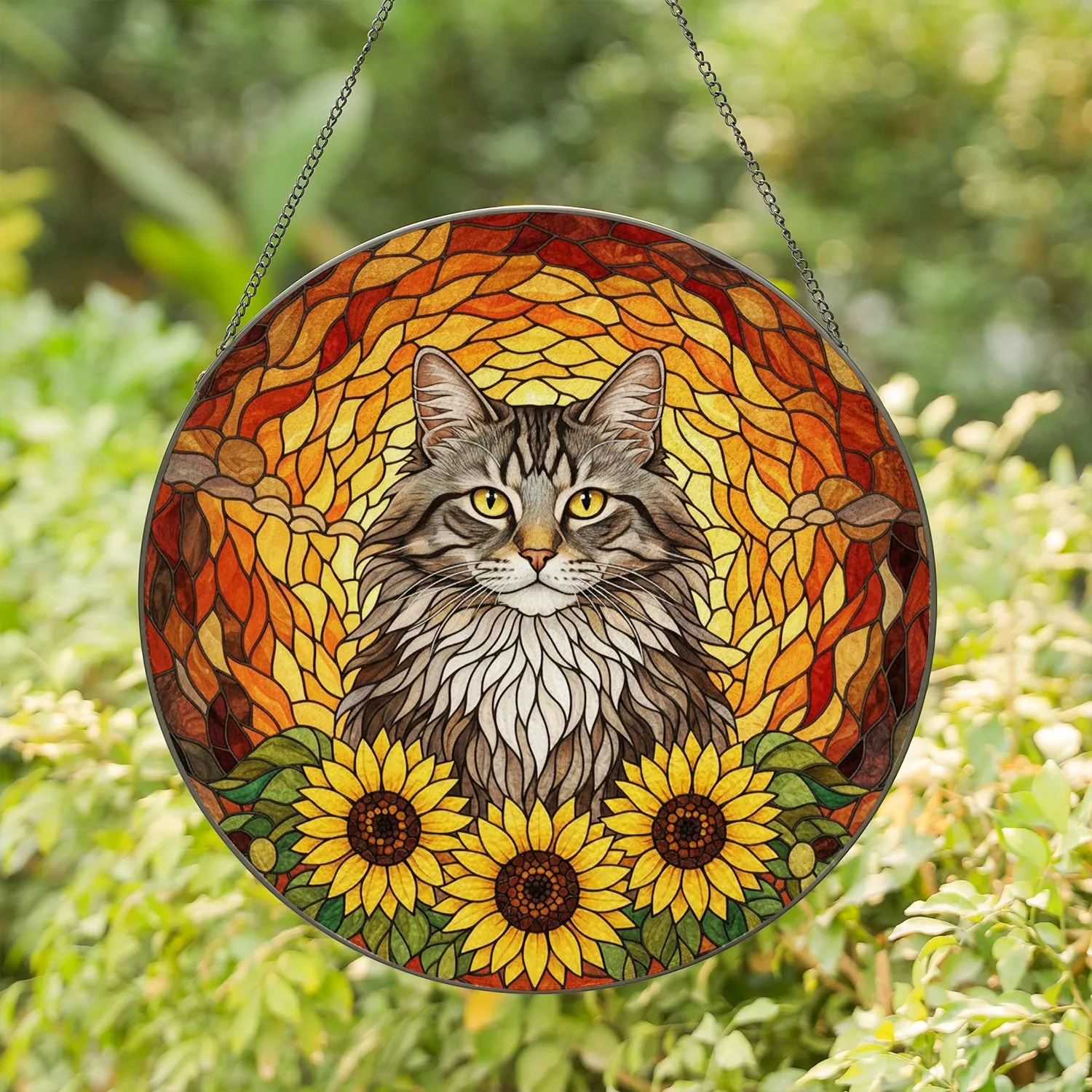 Fluffy Tabby Cat Sunflowers Stained Glass Art - Tiffany Style Mosaic Cat Lover Gift Stained Glass Suncatcher - 1