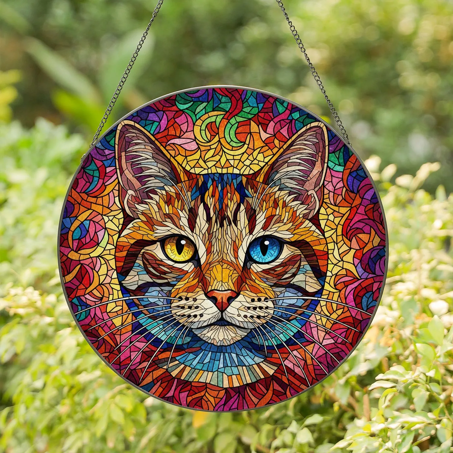 Stained Glass Cat Face Mosaic Portrait - Vibrant Tiffany Style Jewel Tone Translucent Art Stained Glass Suncatcher - 1