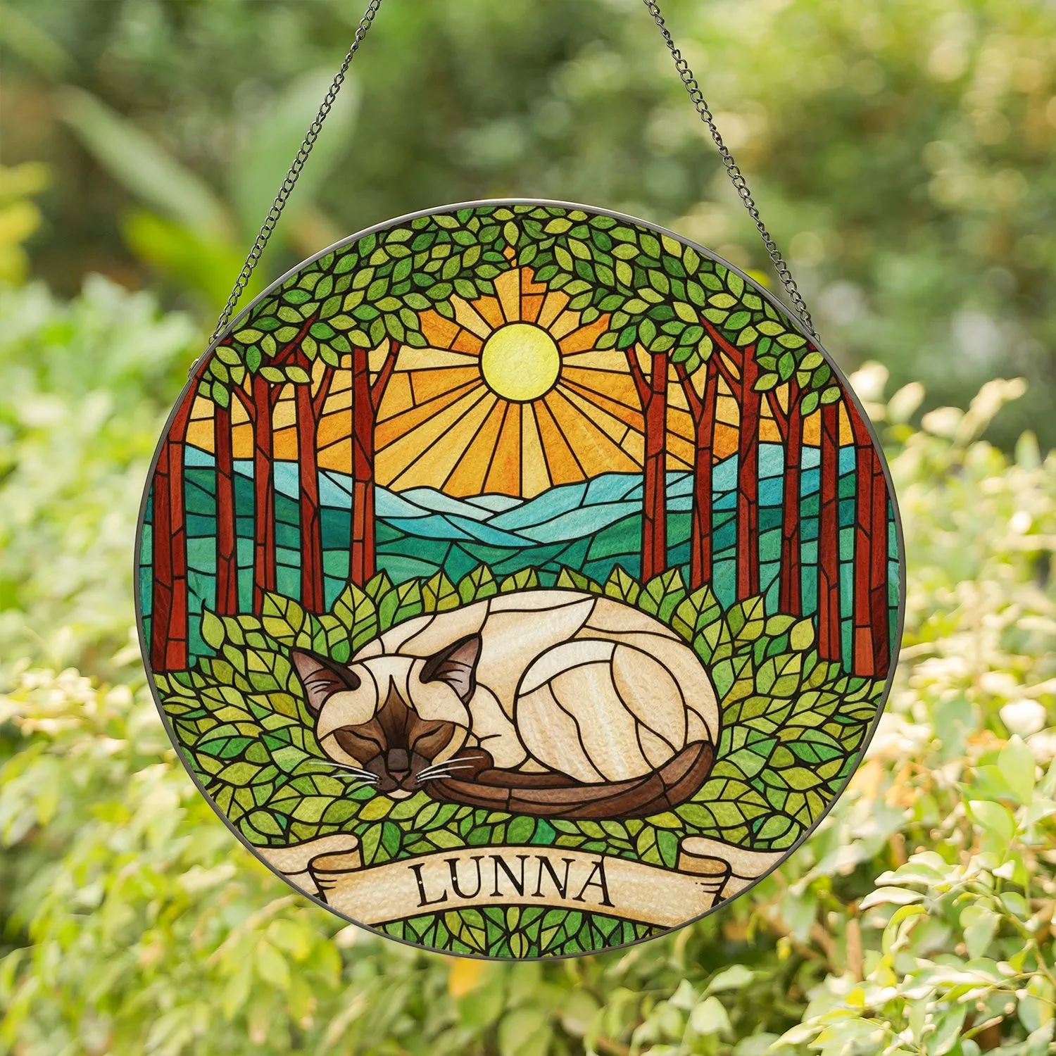 Sleeping Siamese Cat Forest Mosaic Art, Tiffany Style Jewel Tones, Lunna Name Banner Stained Glass Suncatcher - 1