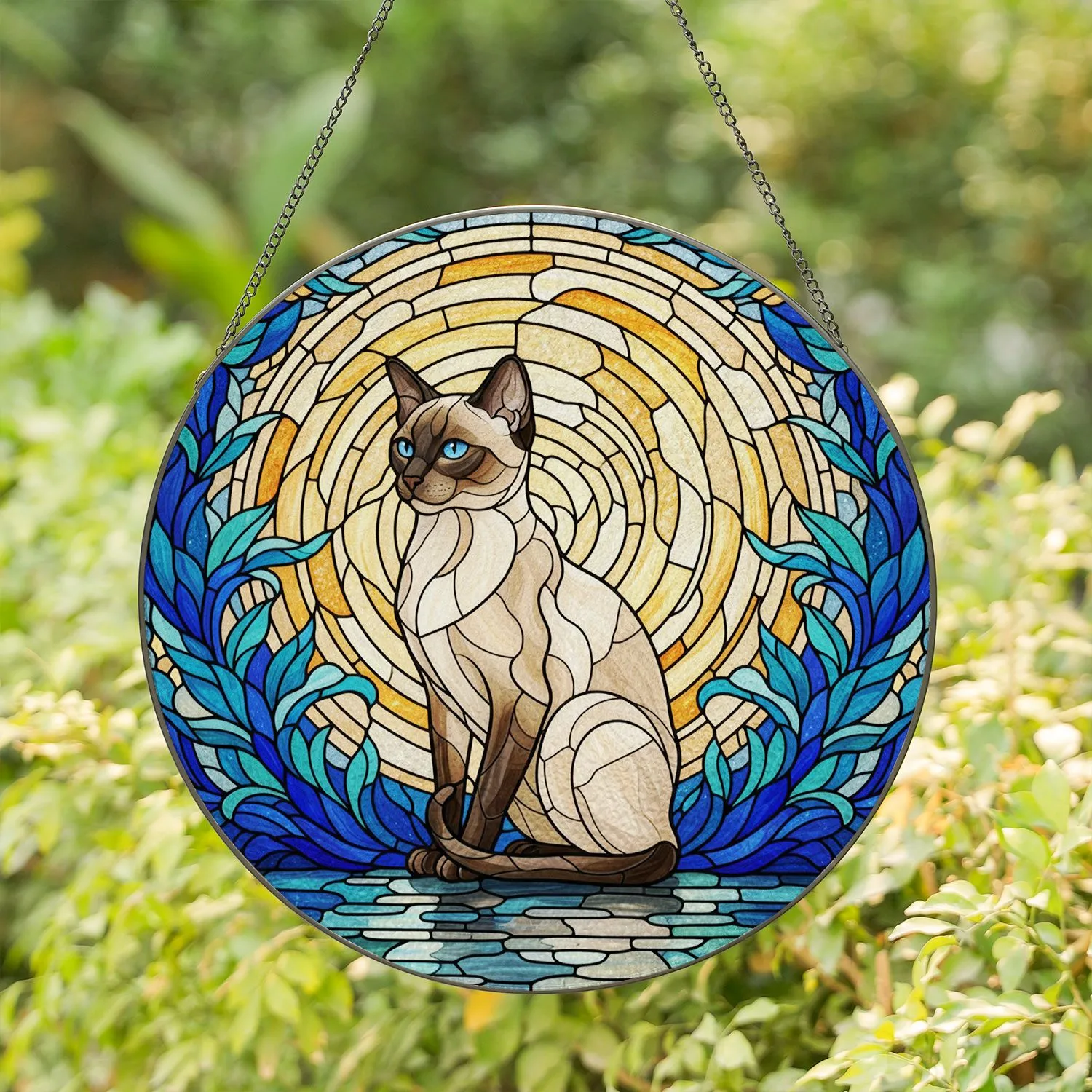 Tiffany Stained Glass Siamese Cat with Blue Eyes - Botanical Foliage Celestial Water Art Stained Glass Suncatcher - 1