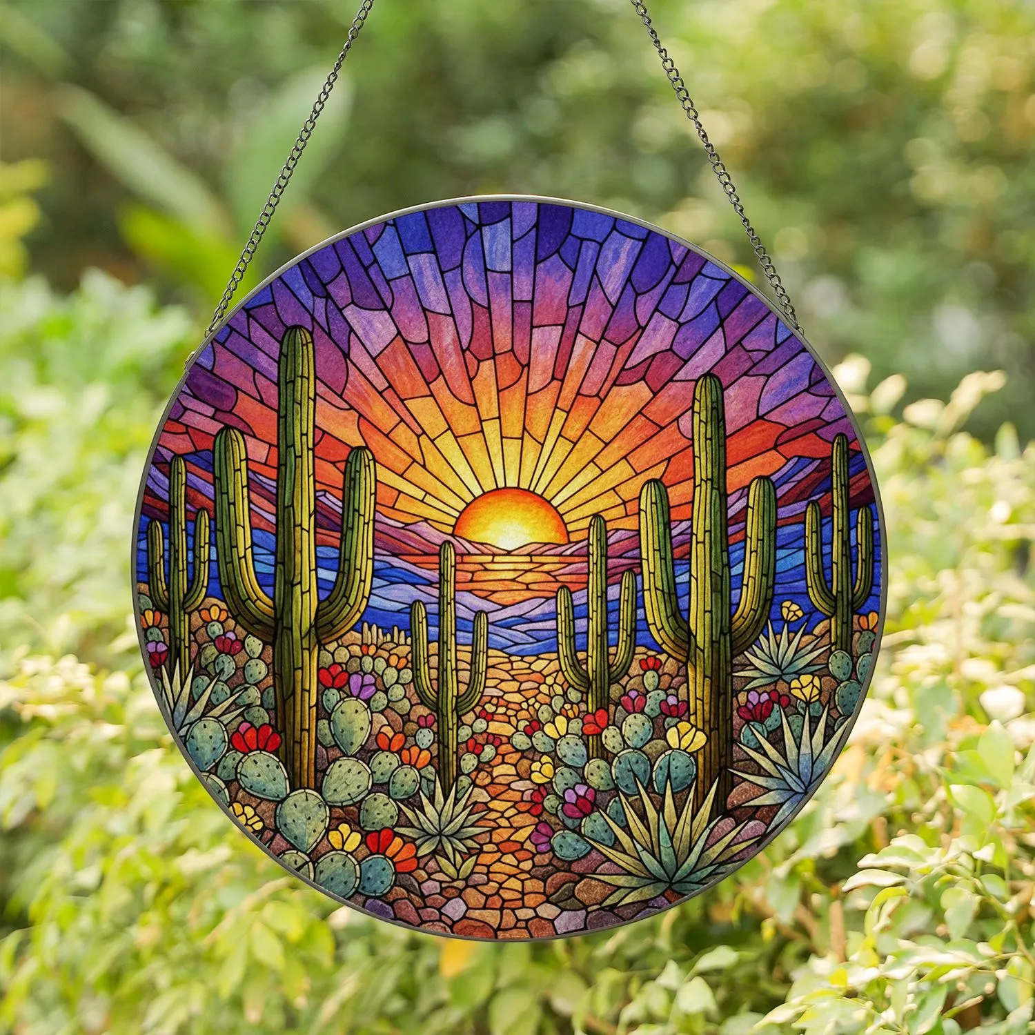 Desert Sunset Saguaro Cactus Stained Glass Tiffany Art - Jewel Tone Southwest Landscape Stained Glass Suncatcher - 1